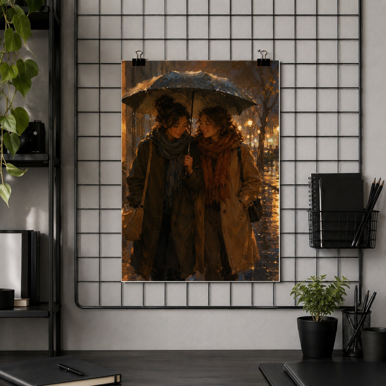 #pl[8x10 Inch|Multicolor] Rainy Friendship Walk Poster, Umbrella City Night Wall Art Print