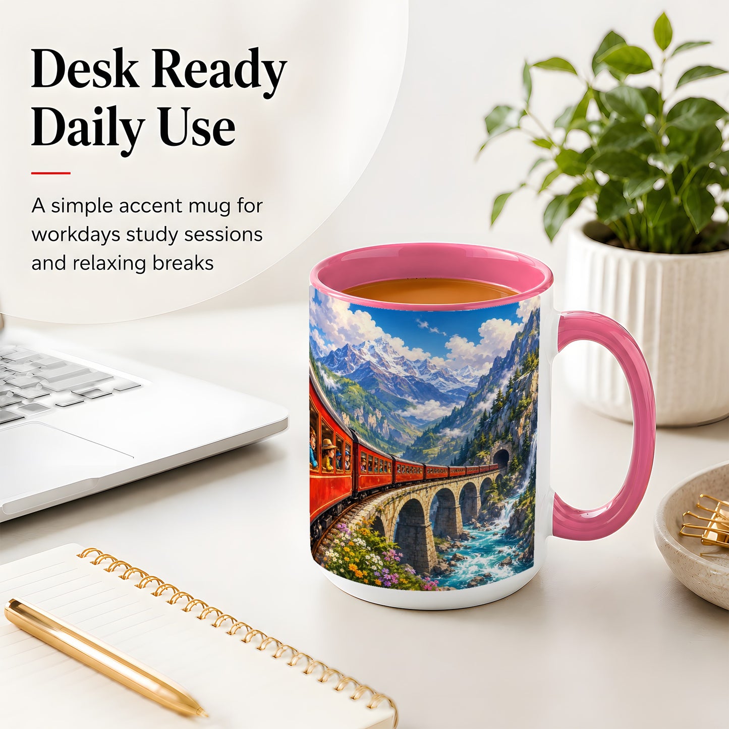 #pl[15oz|Pink] Mountain Train Ceramic Mug, Red Alpine Railway Bridge Scene