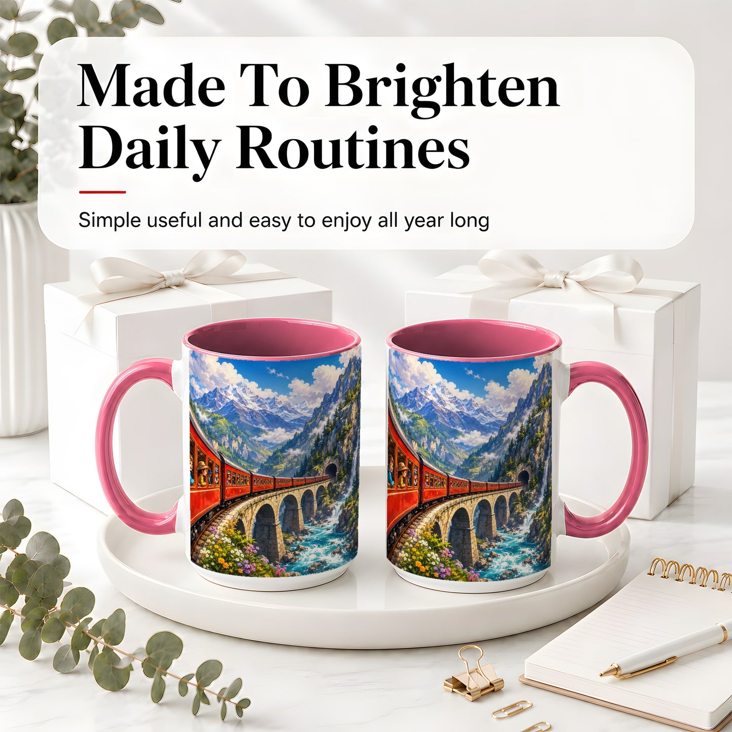 #pl[15oz|Pink] Mountain Train Ceramic Mug, Red Alpine Railway Bridge Scene