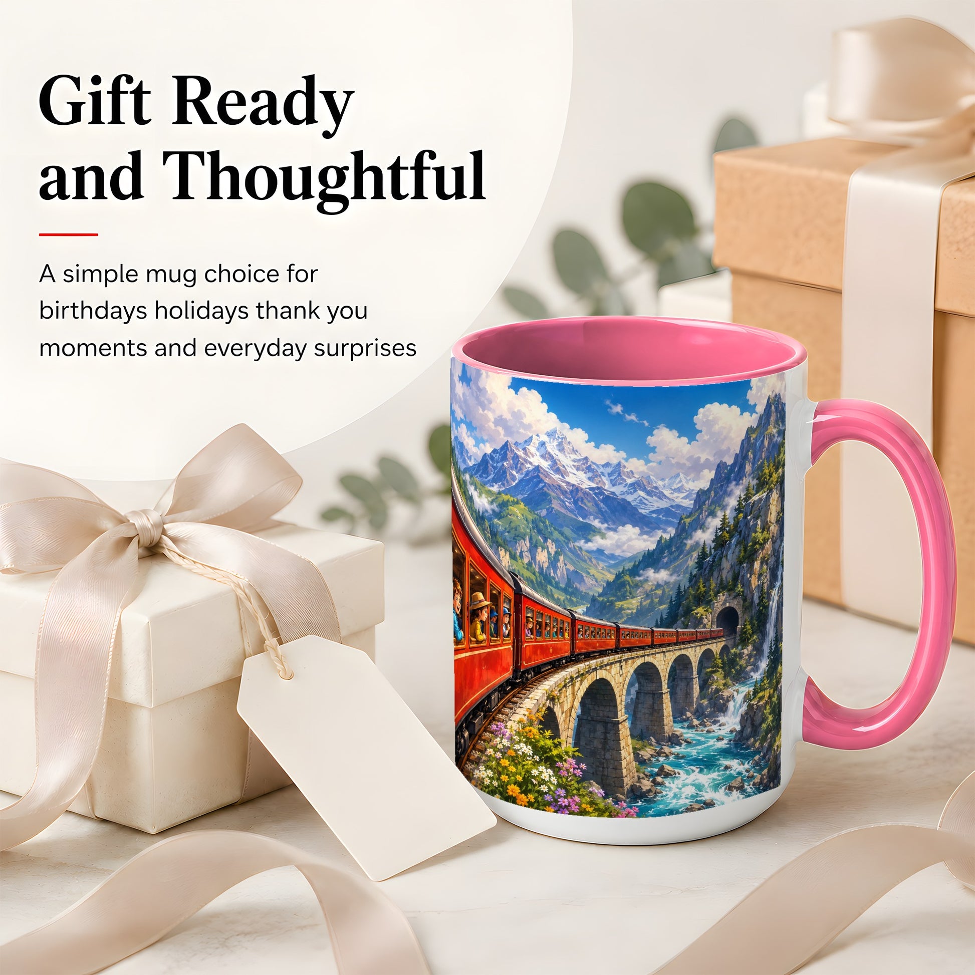 #pl[15oz|Pink] Mountain Train Ceramic Mug, Red Alpine Railway Bridge Scene