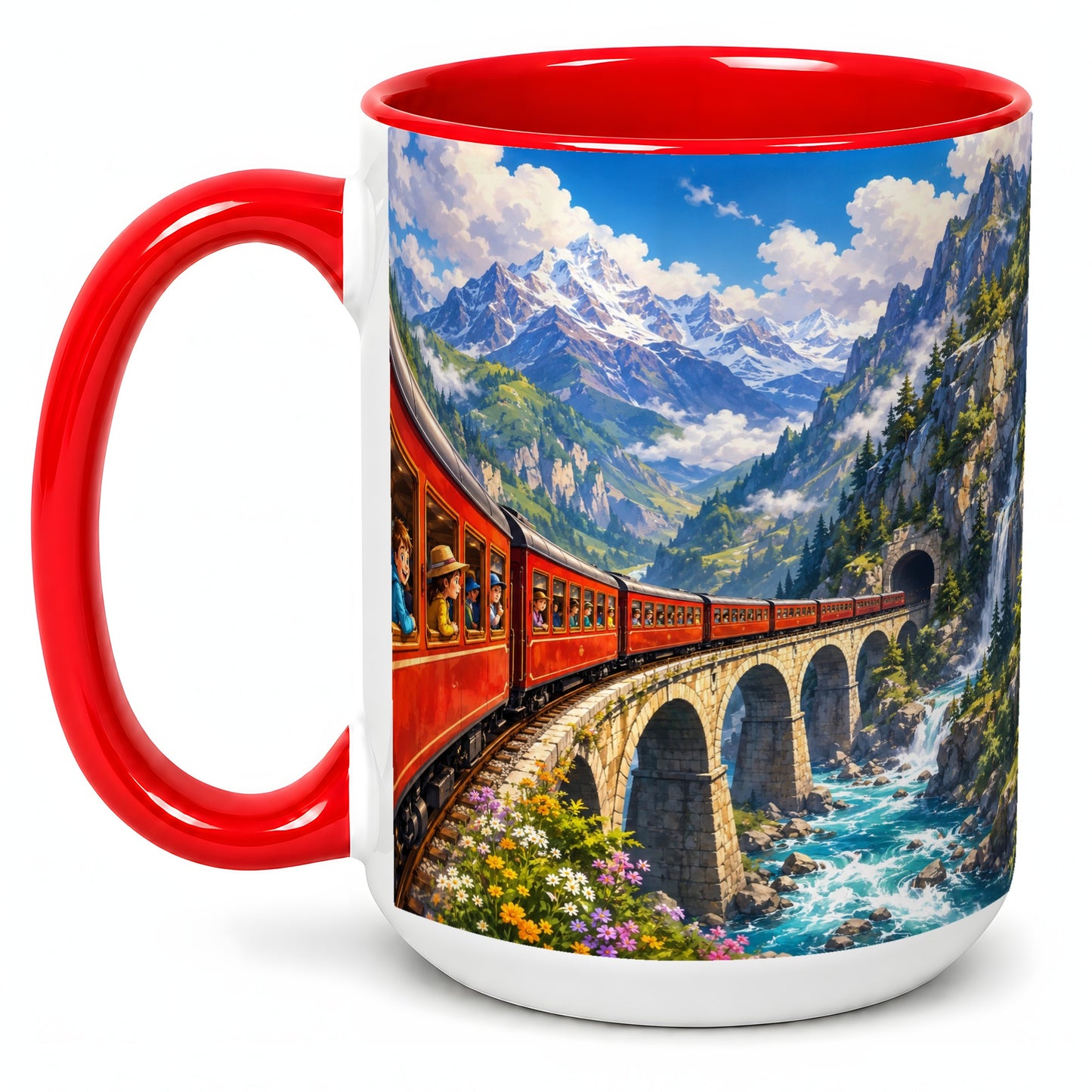 #pl[15oz|Red] Mountain Train Ceramic Mug, Red Alpine Railway Bridge Scene