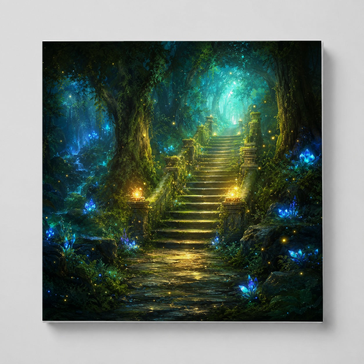 Enchanted Forest Stairway Square Canvas Wall Art, Fantasy Woodland Decor