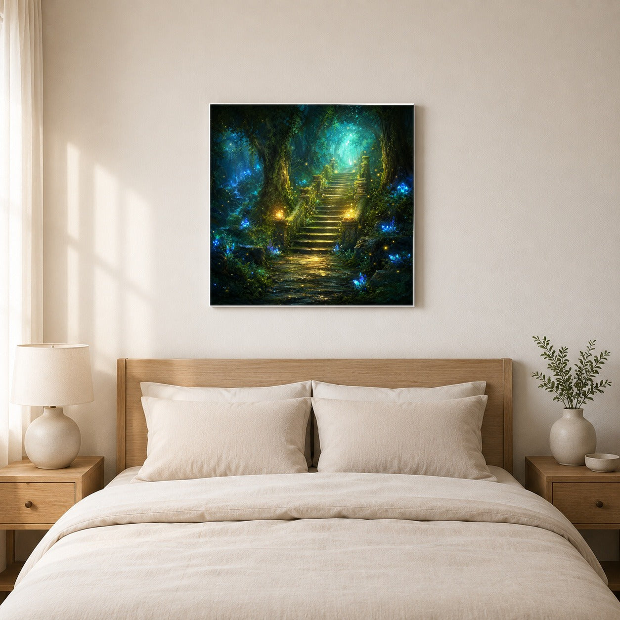 #pl[17x17 Inch|Multicolor] Enchanted Forest Stairway Square Canvas Wall Art, Fantasy Woodland Decor