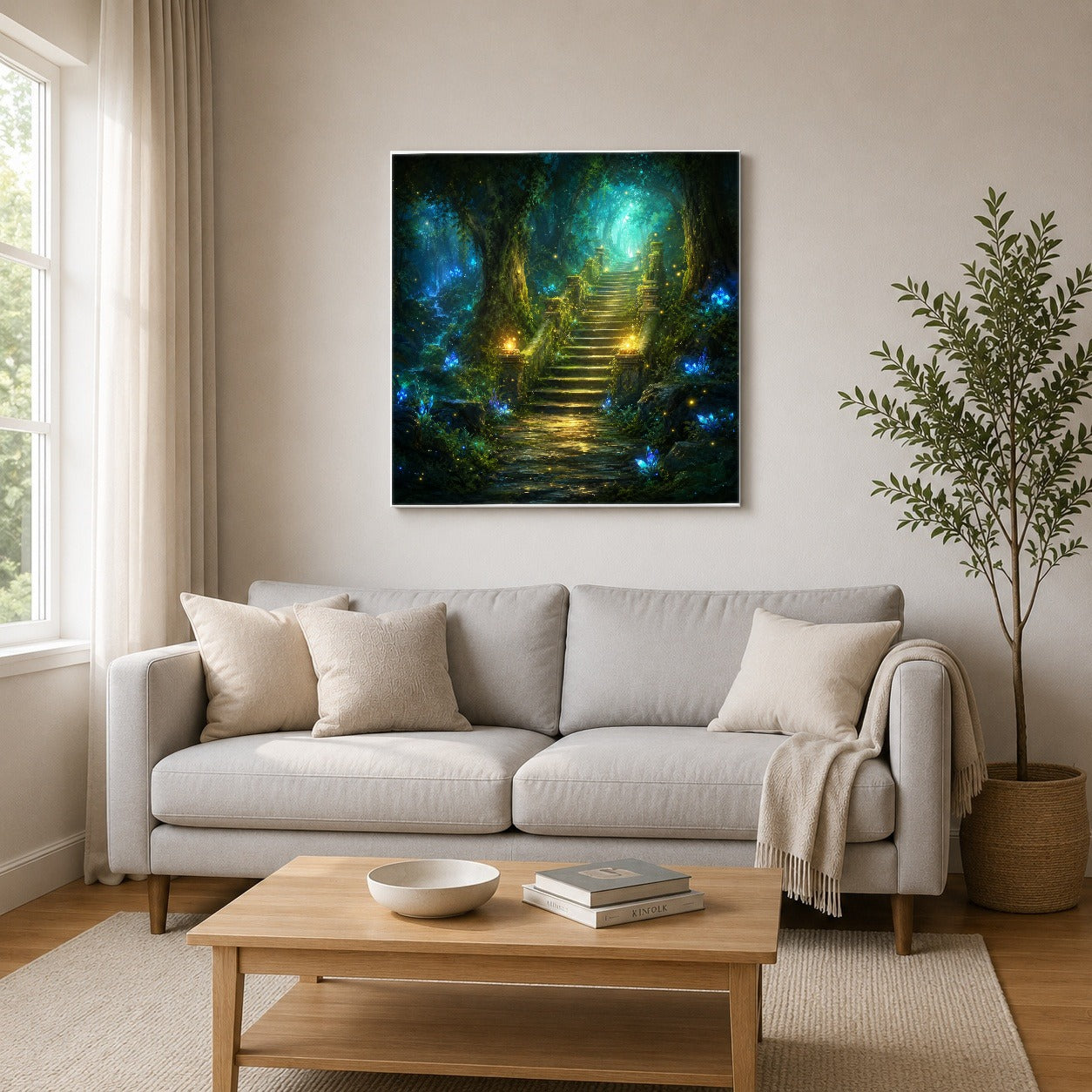 #pl[17x17 Inch|Multicolor] Enchanted Forest Stairway Square Canvas Wall Art, Fantasy Woodland Decor