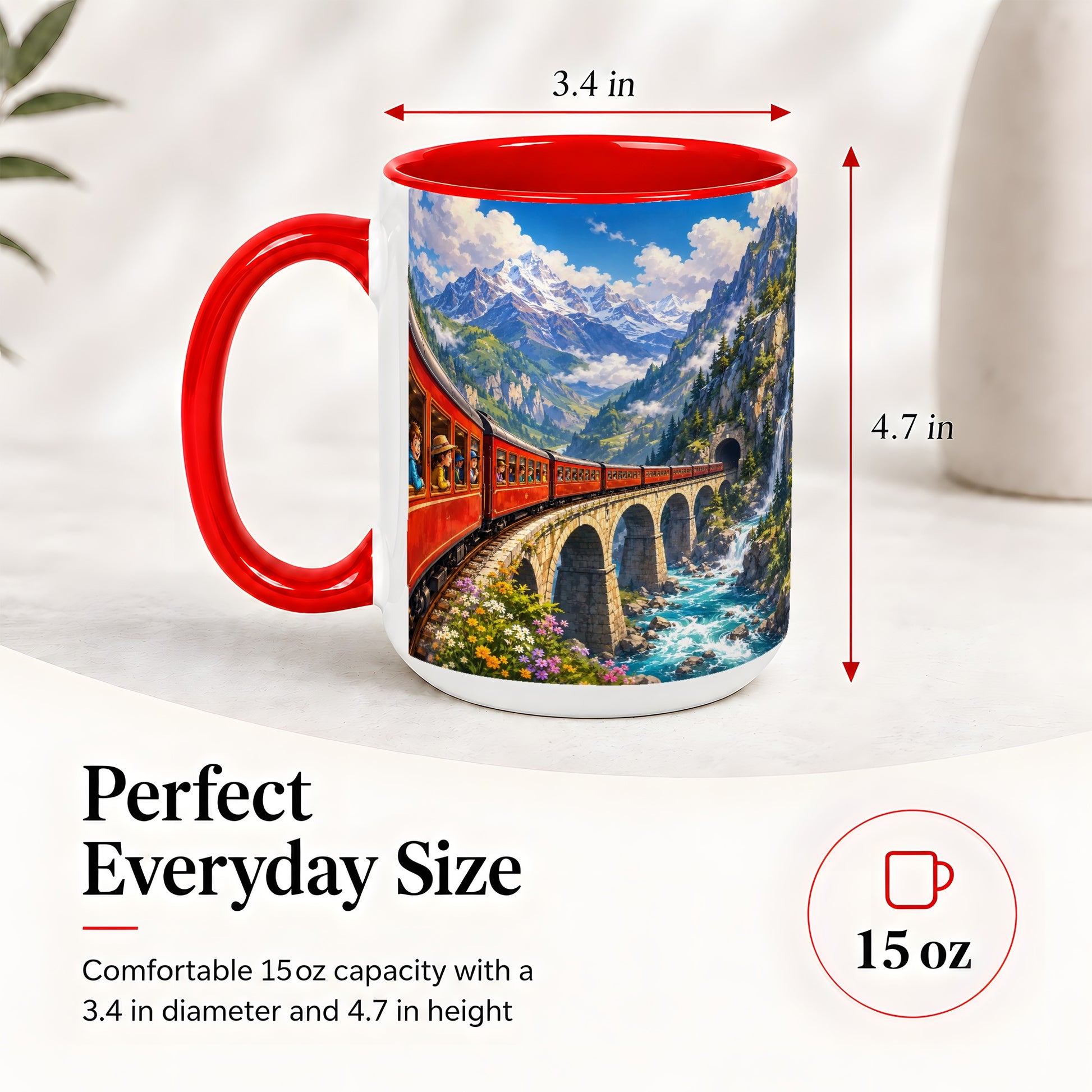 #pl[15oz|Red] Mountain Train Ceramic Mug, Red Alpine Railway Bridge Scene
