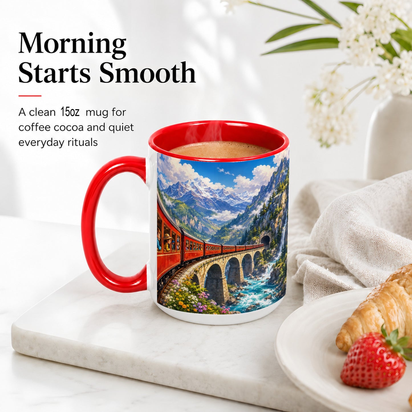 #pl[15oz|Red] Mountain Train Ceramic Mug, Red Alpine Railway Bridge Scene