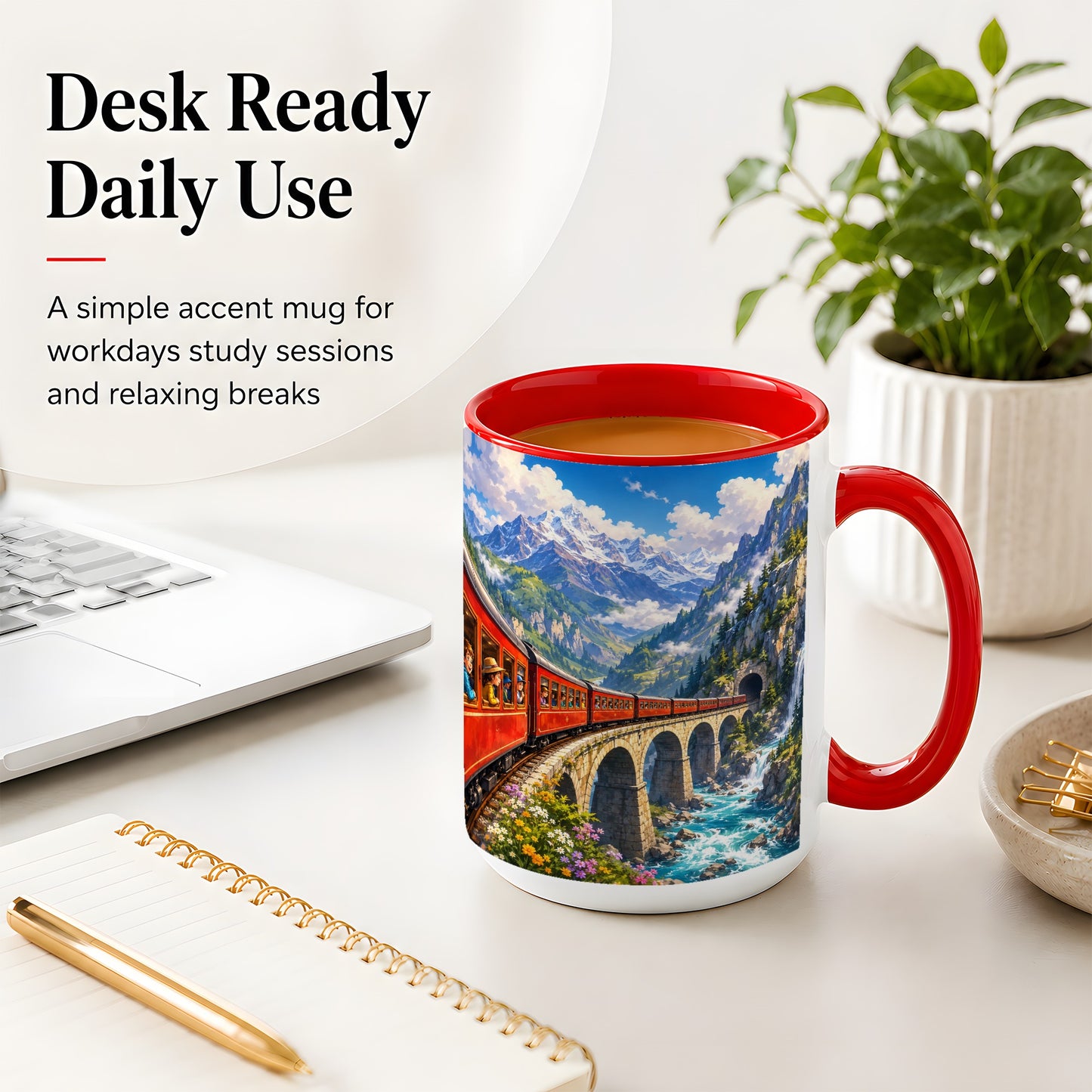 #pl[15oz|Red] Mountain Train Ceramic Mug, Red Alpine Railway Bridge Scene