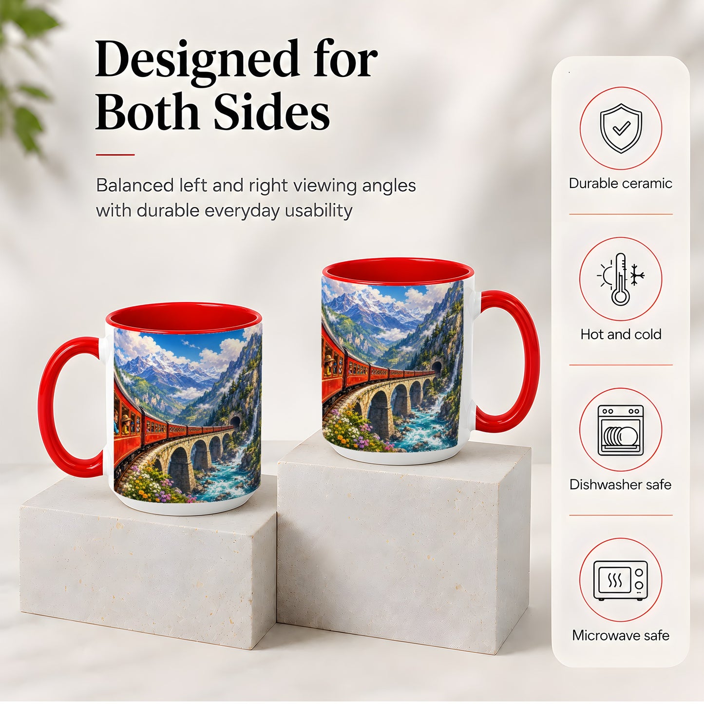 #pl[15oz|Red] Mountain Train Ceramic Mug, Red Alpine Railway Bridge Scene