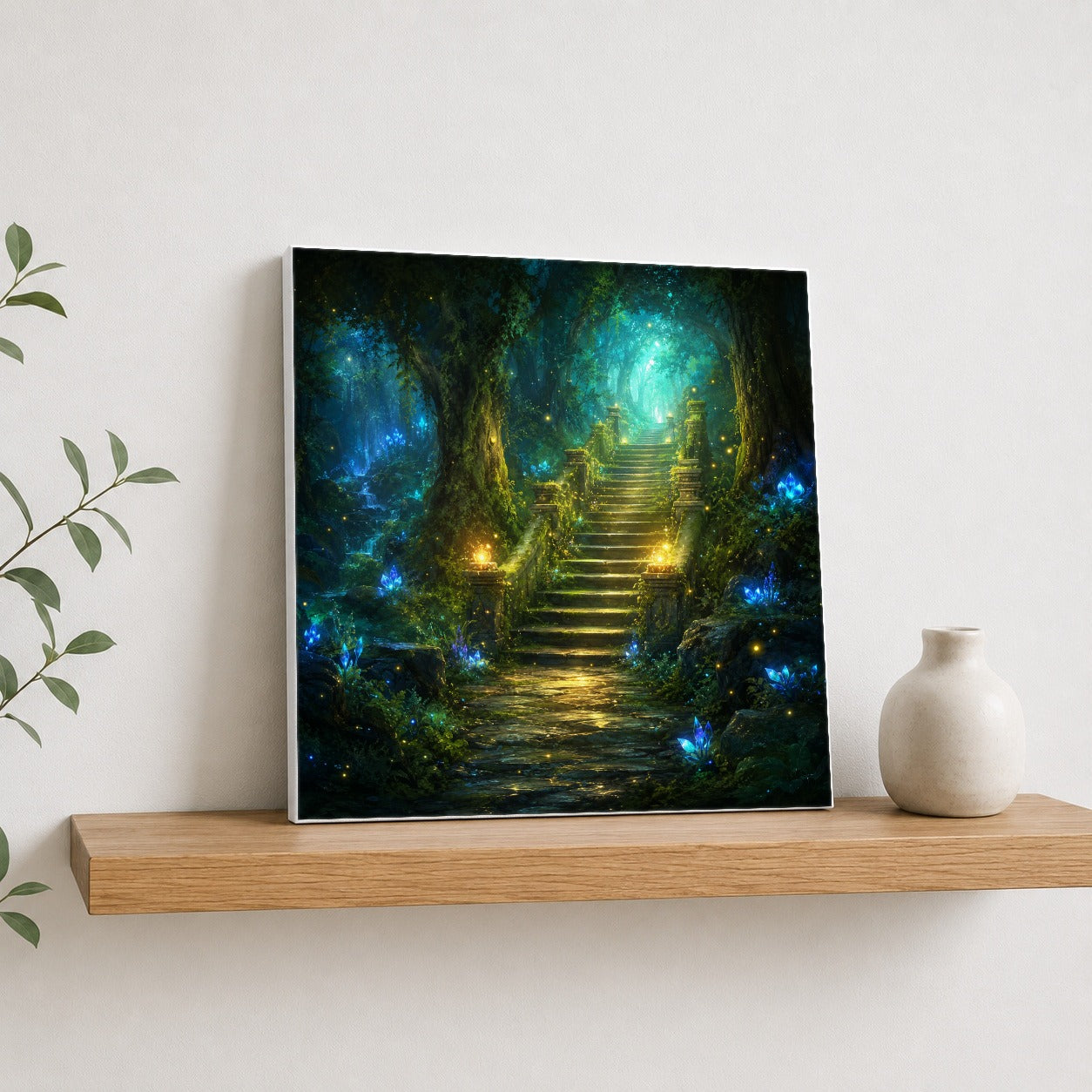 #pl[17x17 Inch|Multicolor] Enchanted Forest Stairway Square Canvas Wall Art, Fantasy Woodland Decor