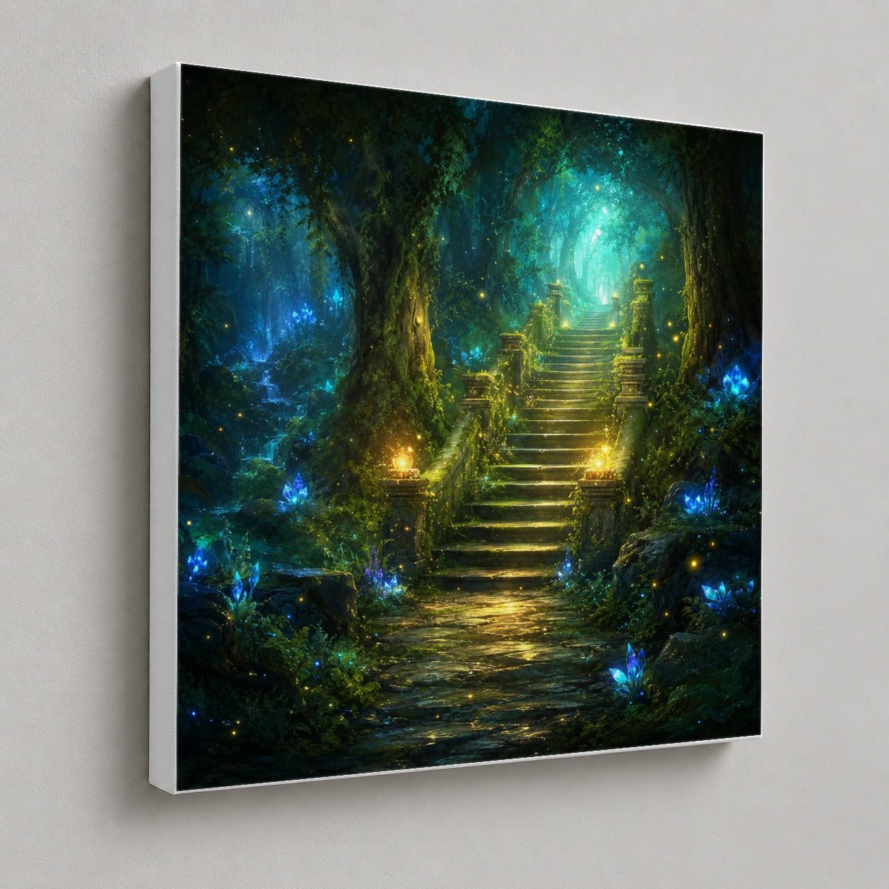 #pl[17x17 Inch|Multicolor] Enchanted Forest Stairway Square Canvas Wall Art, Fantasy Woodland Decor