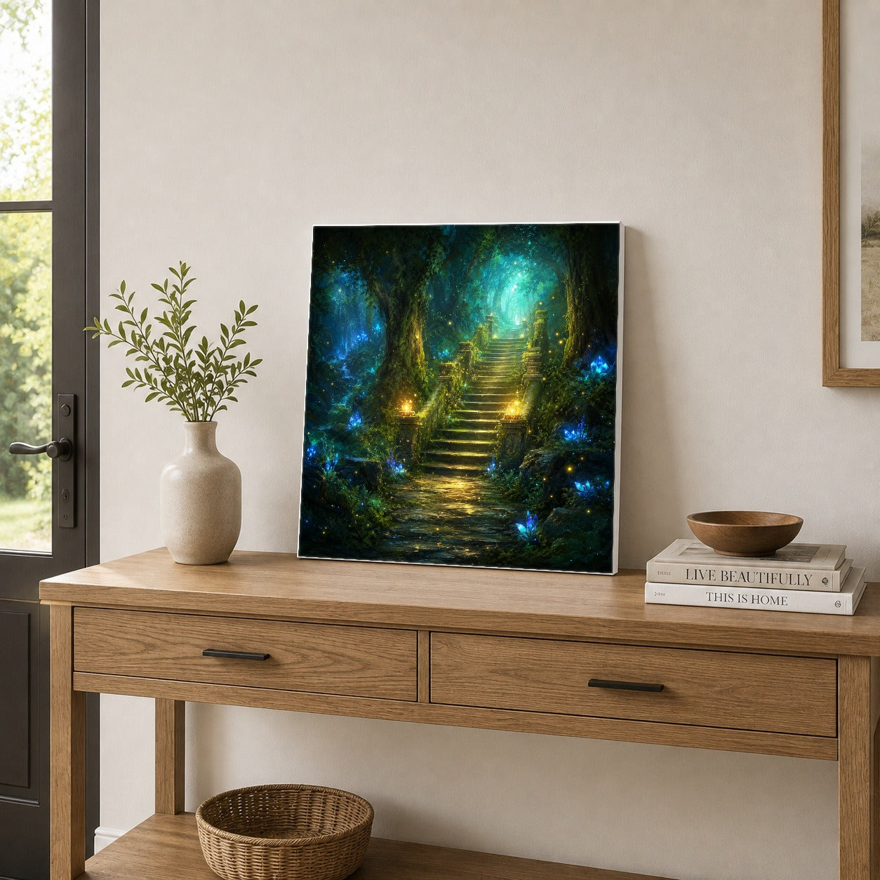 #pl[17x17 Inch|Multicolor] Enchanted Forest Stairway Square Canvas Wall Art, Fantasy Woodland Decor