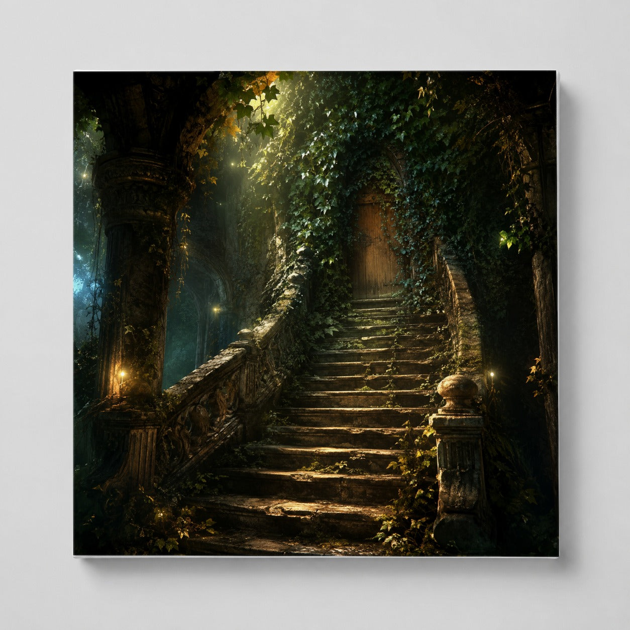 Ivy Hidden Staircase Square Canvas Wall Art, Mystic Garden Door Decor