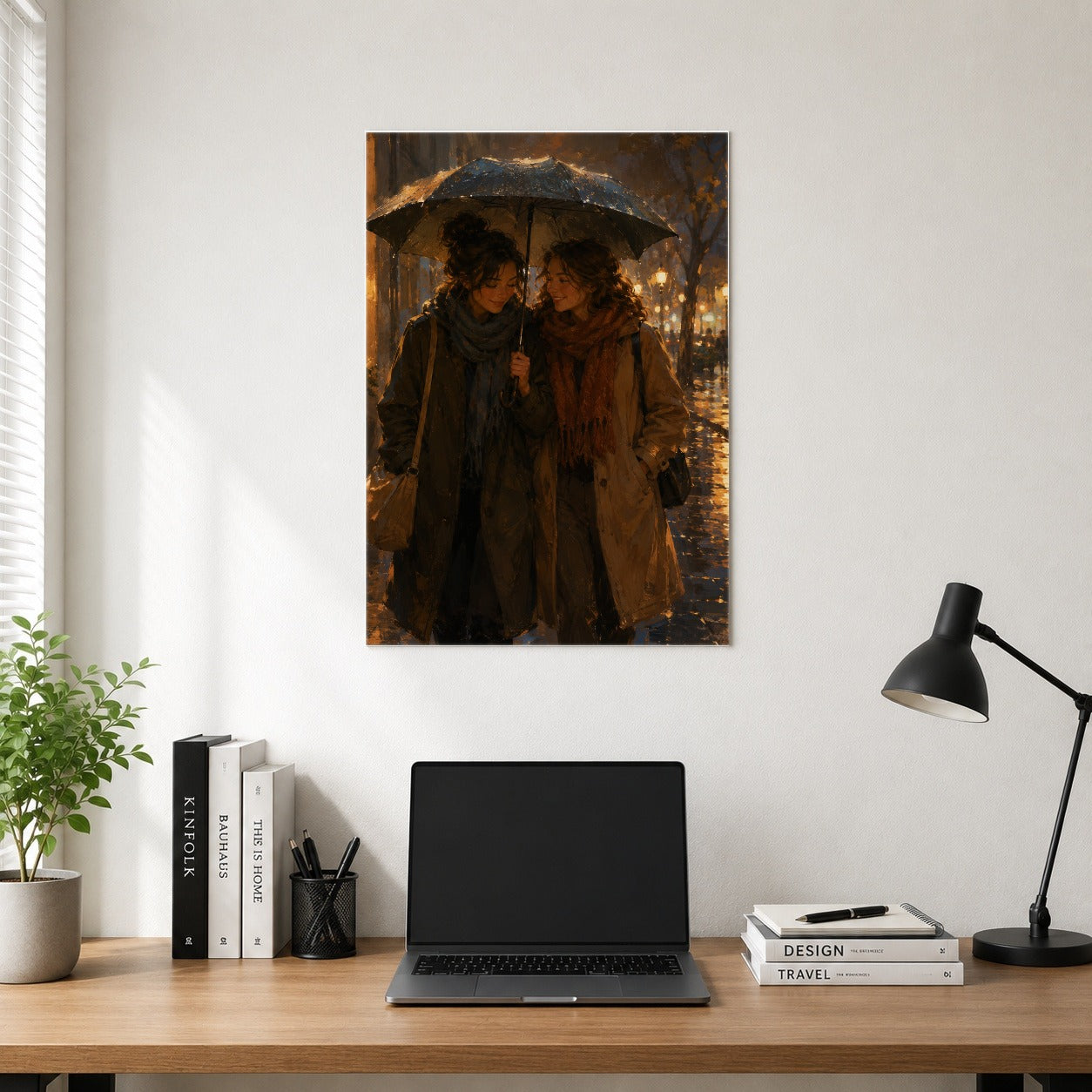 #pl[8x10 Inch|Multicolor] Rainy Friendship Walk Poster, Umbrella City Night Wall Art Print