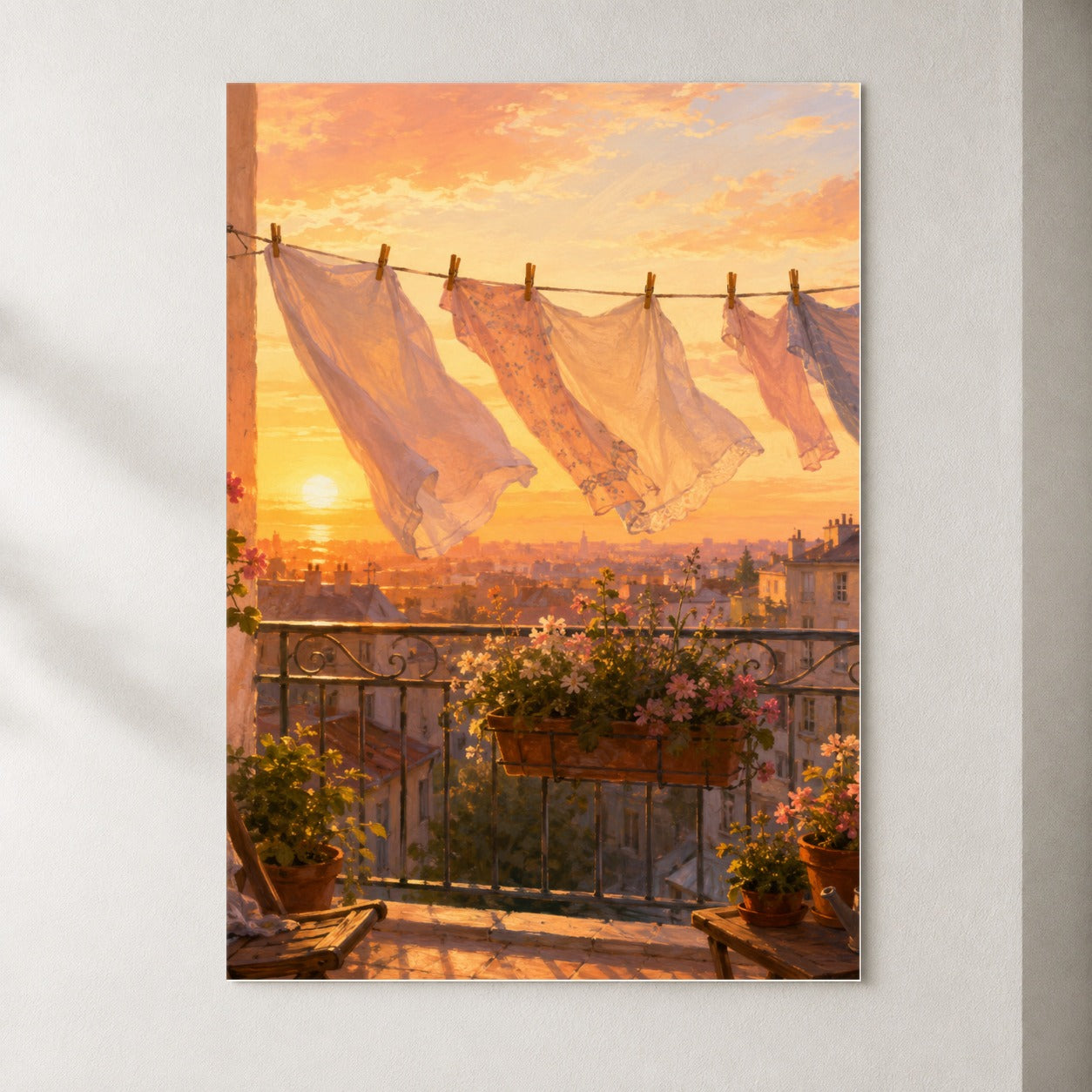 Sunset Laundry Balcony Poster, Cozy European Balcony Wall Art Print