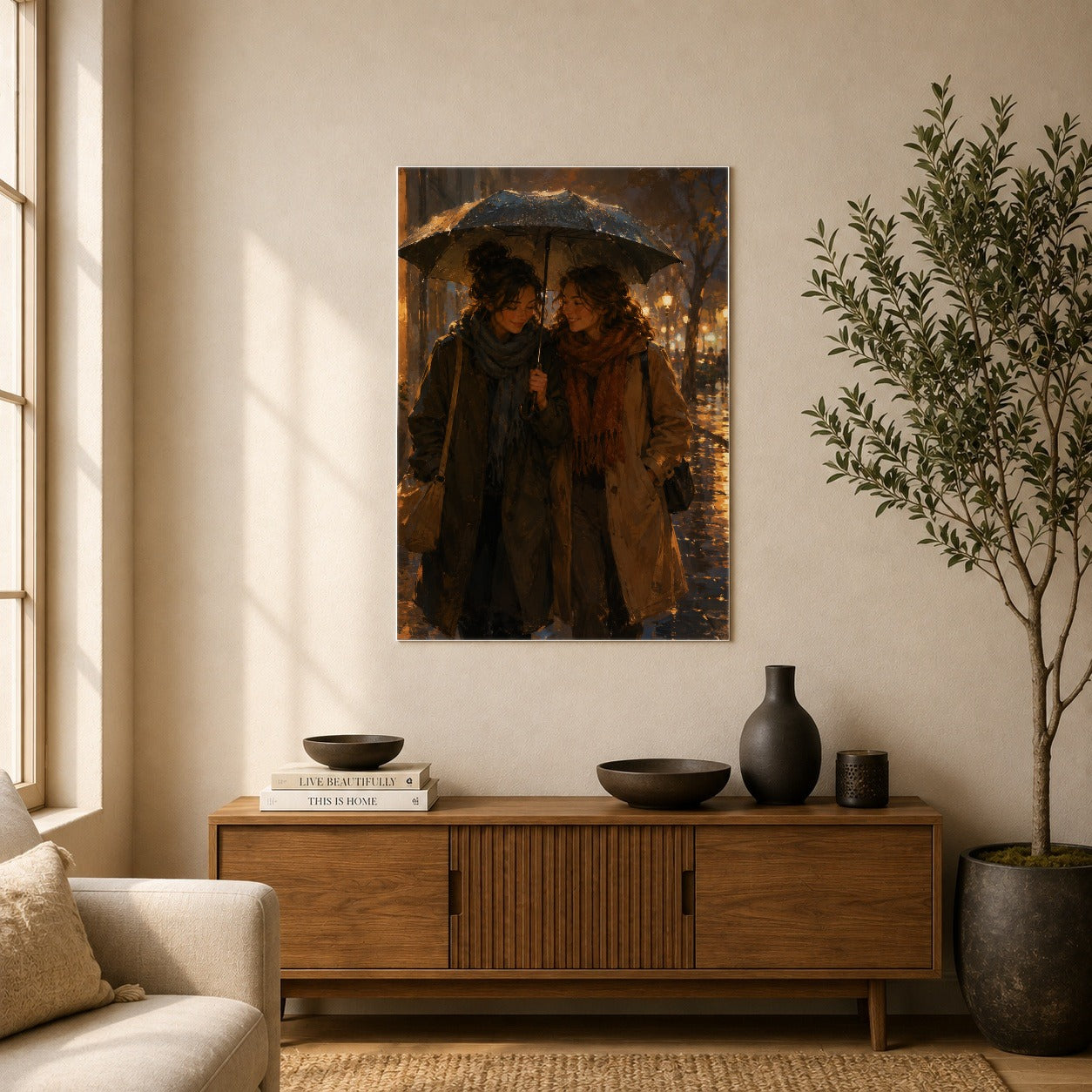 #pl[8x10 Inch|Multicolor] Rainy Friendship Walk Poster, Umbrella City Night Wall Art Print