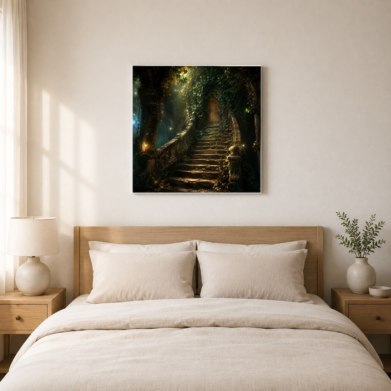#pl[17x17 Inch|Multicolor] Ivy Hidden Staircase Square Canvas Wall Art, Mystic Garden Door Decor