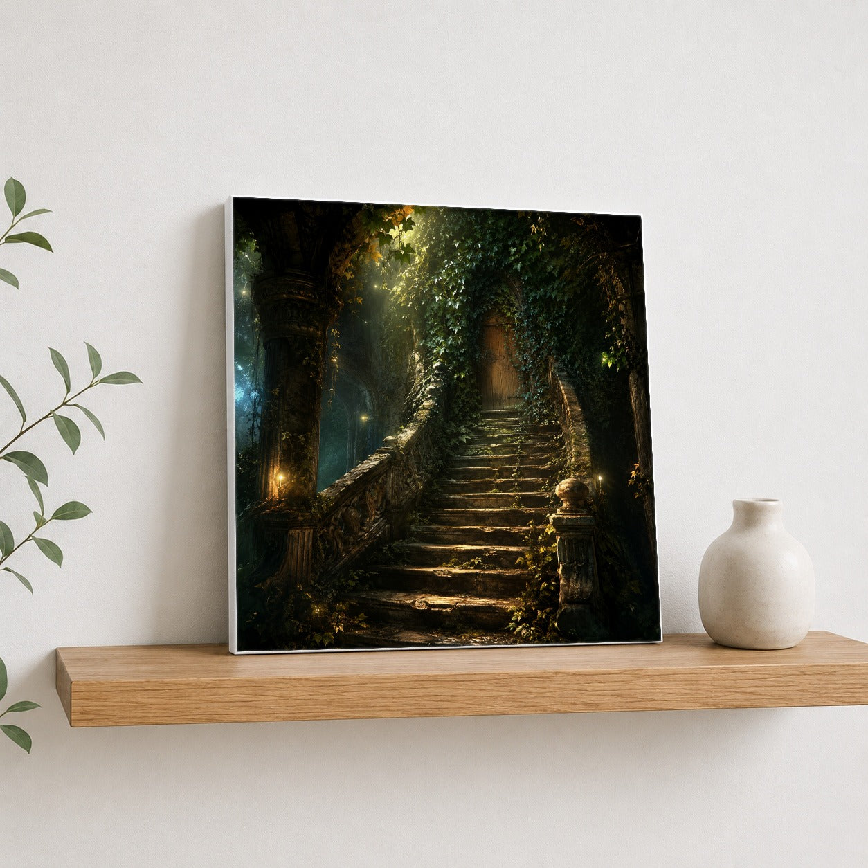 #pl[17x17 Inch|Multicolor] Ivy Hidden Staircase Square Canvas Wall Art, Mystic Garden Door Decor