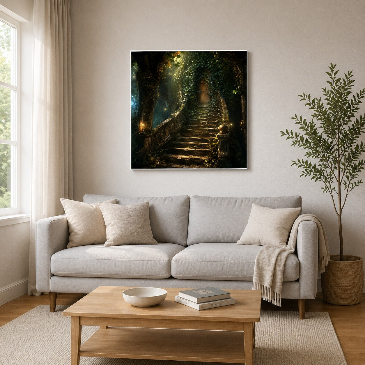 #pl[17x17 Inch|Multicolor] Ivy Hidden Staircase Square Canvas Wall Art, Mystic Garden Door Decor