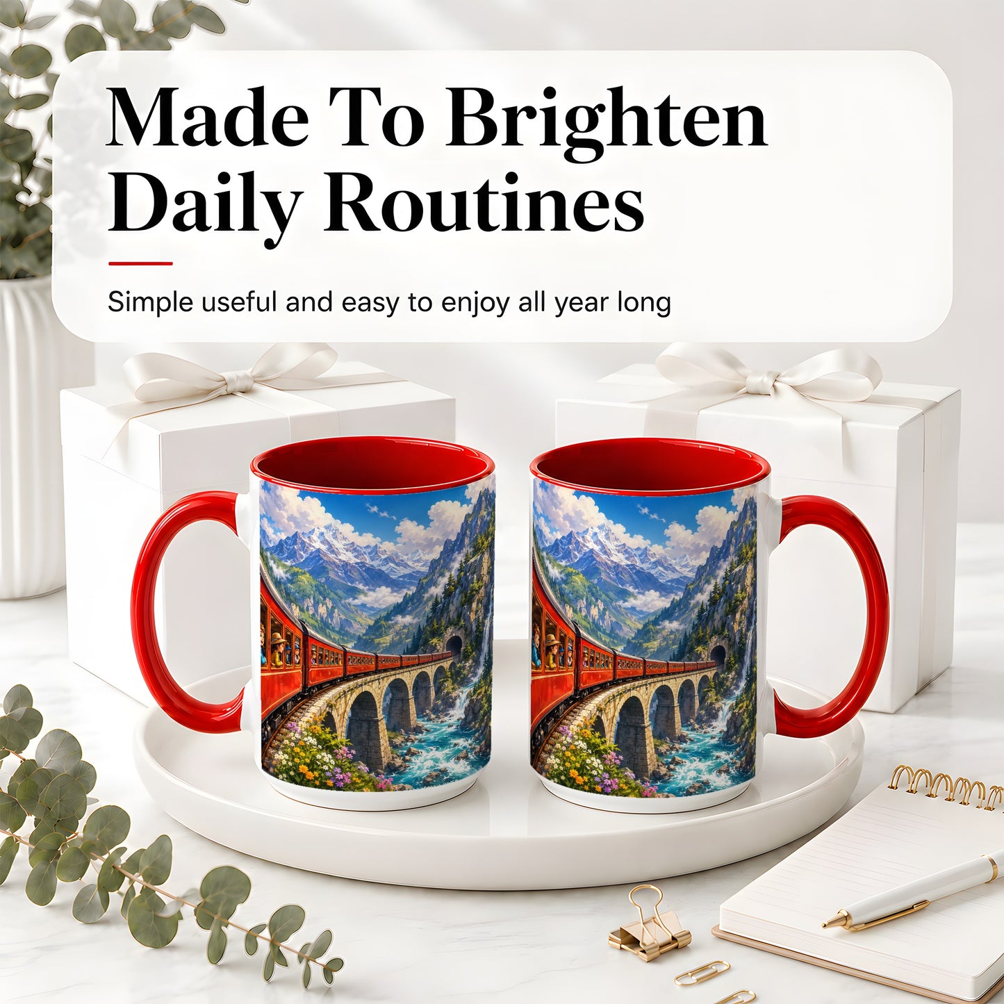 #pl[15oz|Red] Mountain Train Ceramic Mug, Red Alpine Railway Bridge Scene