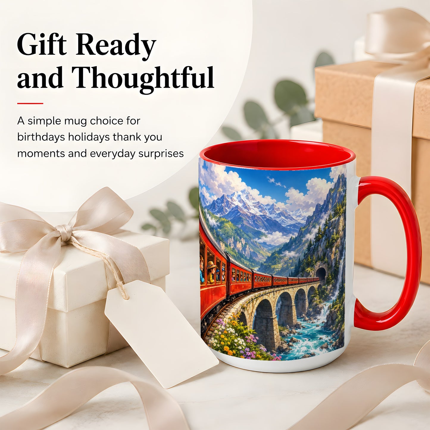 #pl[15oz|Red] Mountain Train Ceramic Mug, Red Alpine Railway Bridge Scene