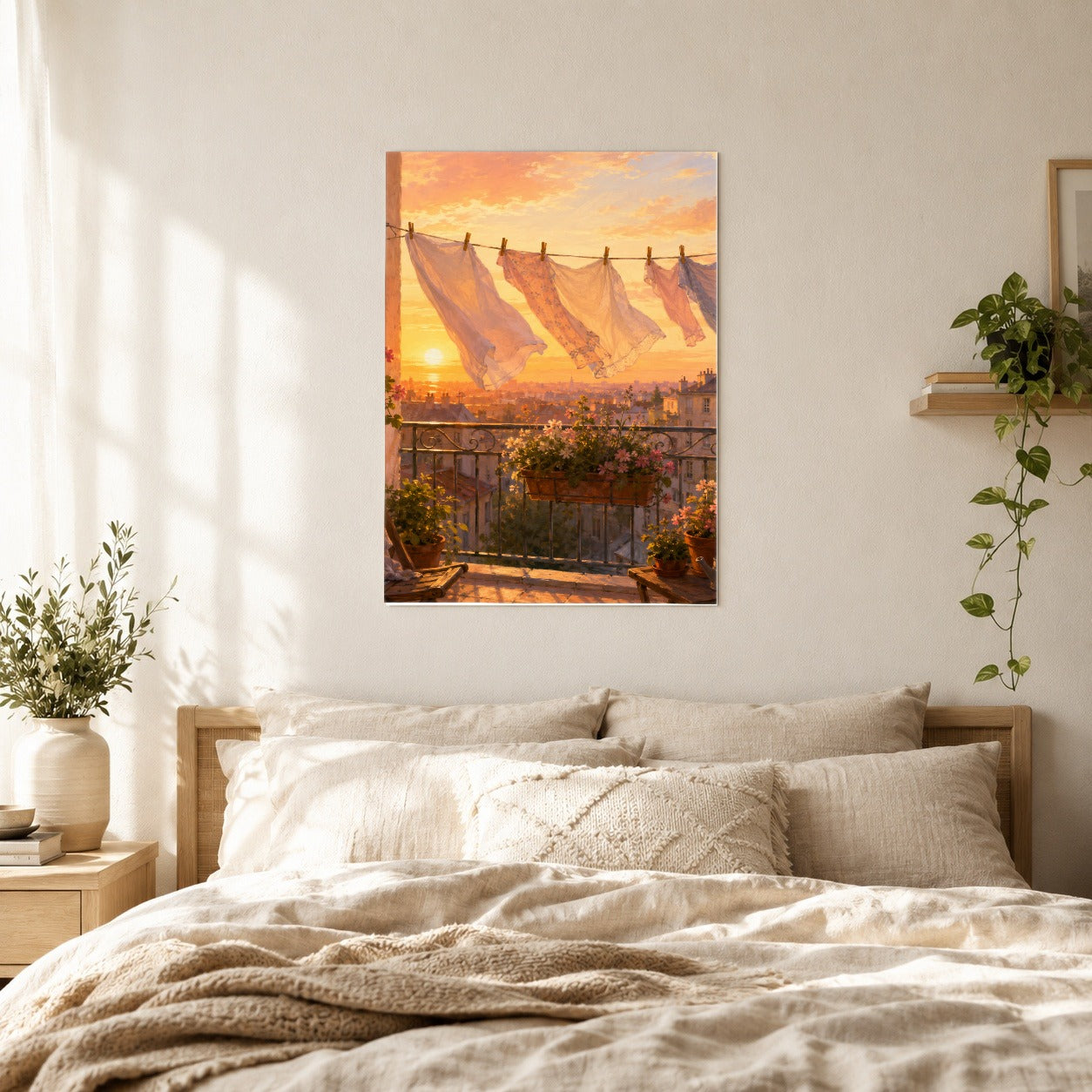 #pl[8x10 Inch|Multicolor] Sunset Laundry Balcony Poster, Cozy European Balcony Wall Art Print