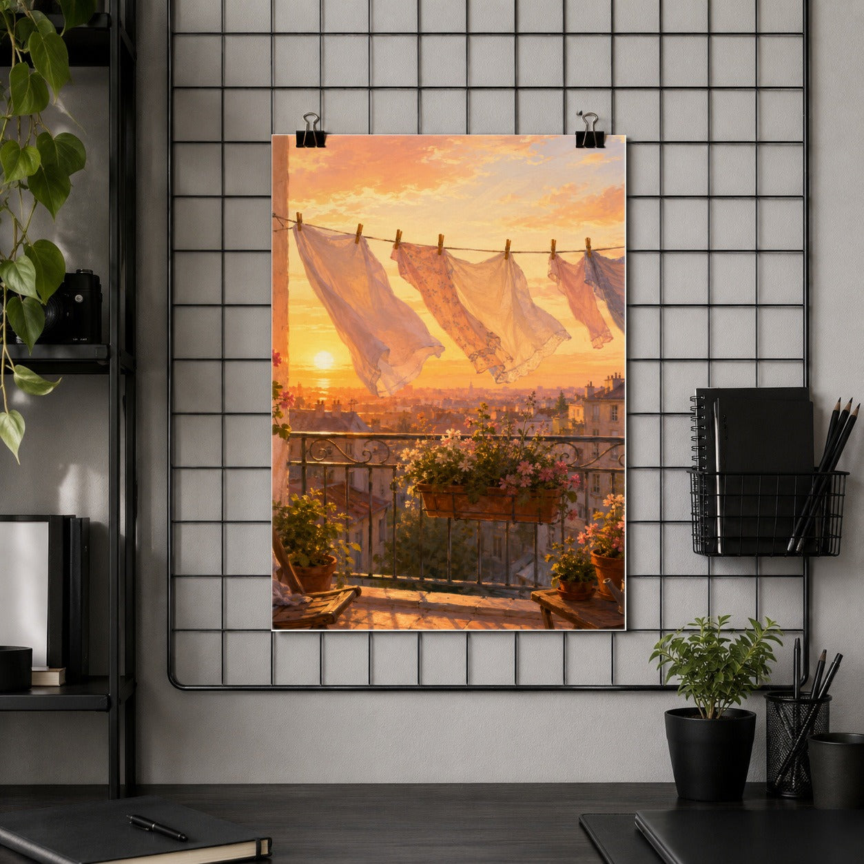 #pl[8x10 Inch|Multicolor] Sunset Laundry Balcony Poster, Cozy European Balcony Wall Art Print