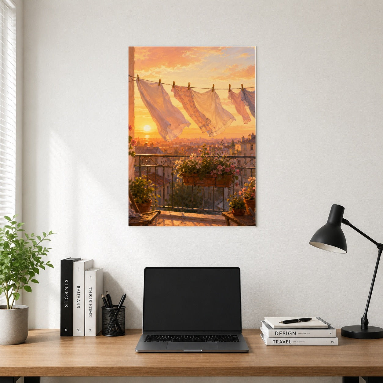 #pl[8x10 Inch|Multicolor] Sunset Laundry Balcony Poster, Cozy European Balcony Wall Art Print
