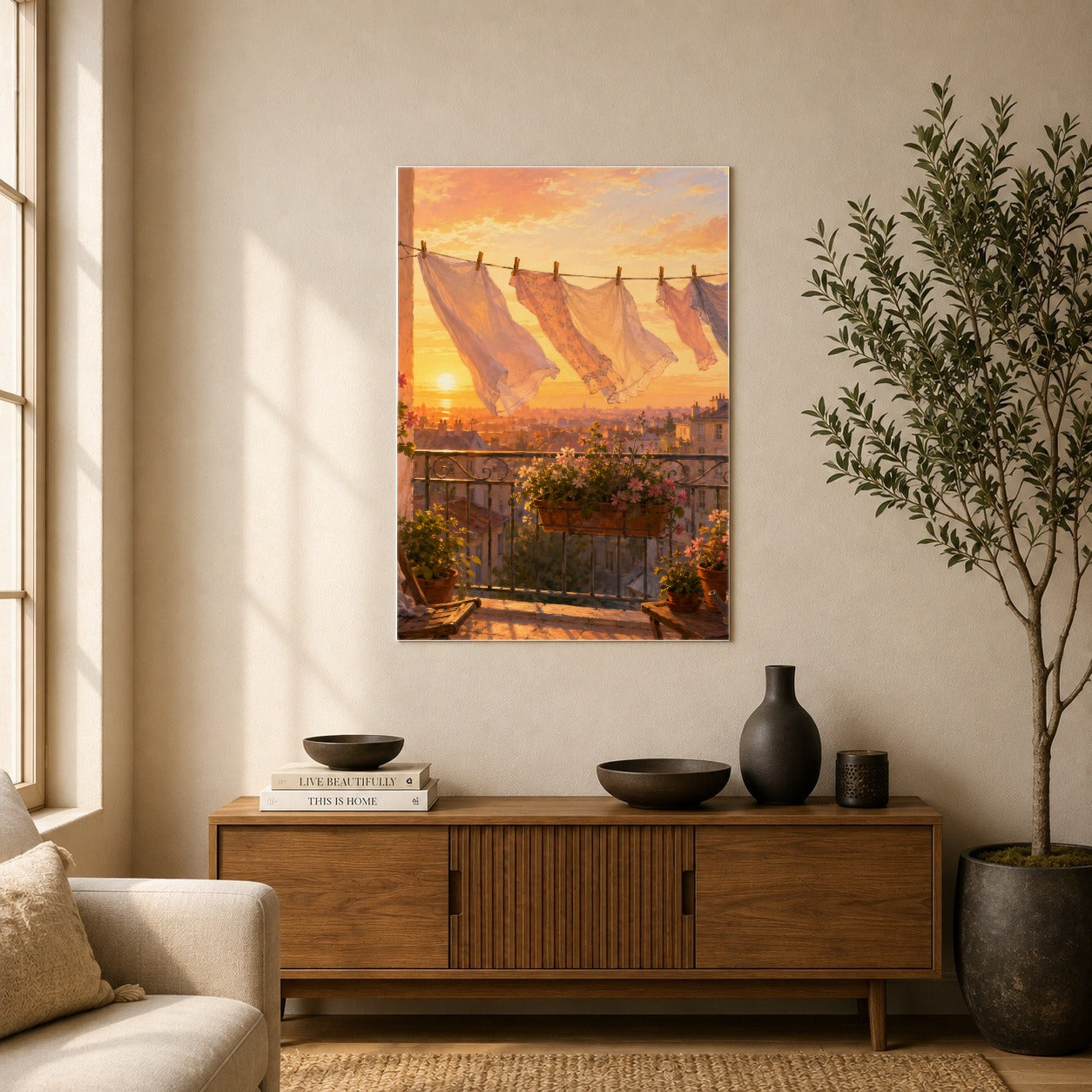 #pl[8x10 Inch|Multicolor] Sunset Laundry Balcony Poster, Cozy European Balcony Wall Art Print