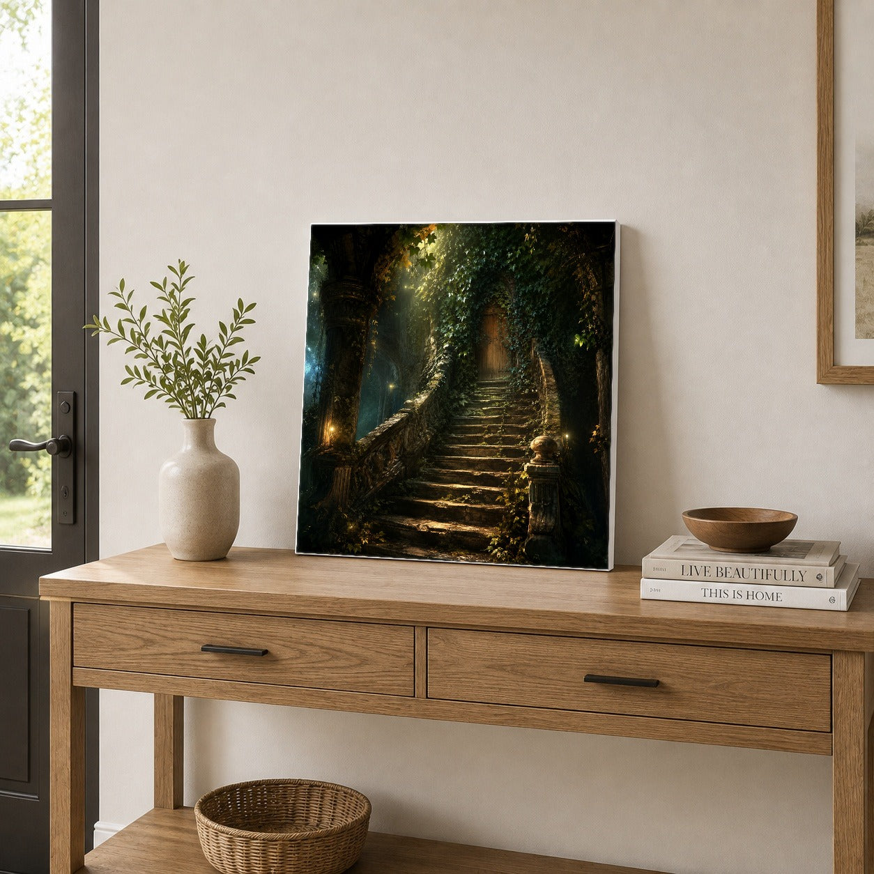 #pl[17x17 Inch|Multicolor] Ivy Hidden Staircase Square Canvas Wall Art, Mystic Garden Door Decor