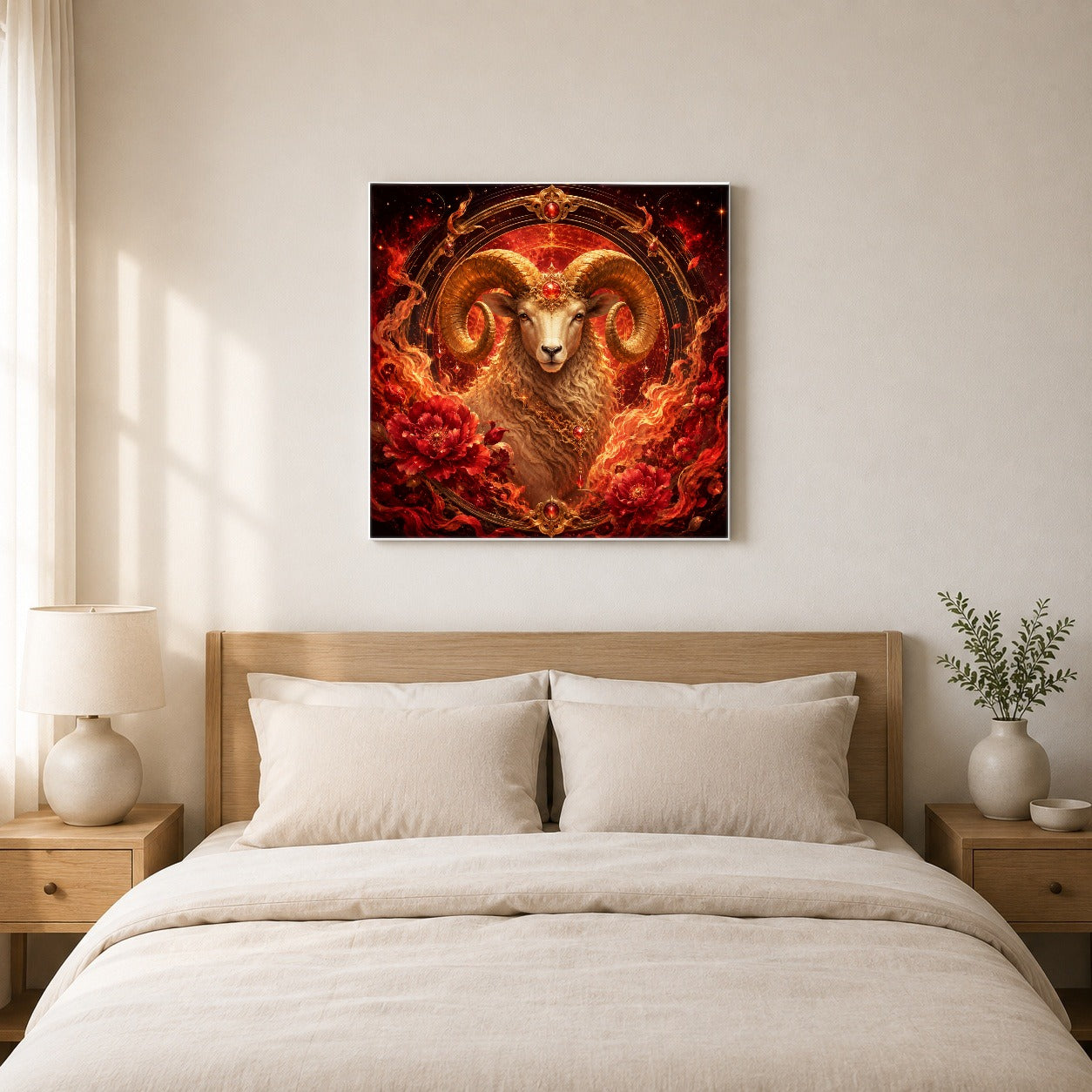 #pl[17x17 Inch|Multicolor] Aries Ram Square Canvas Wall Art, Fiery Zodiac Celestial Decor