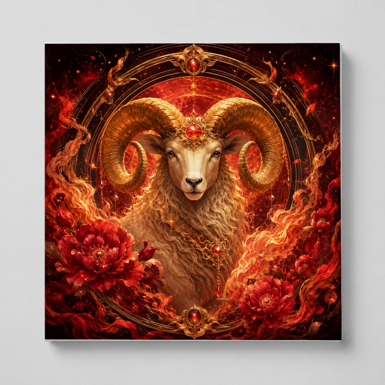 Aries Ram Square Canvas Wall Art, Fiery Zodiac Celestial Decor