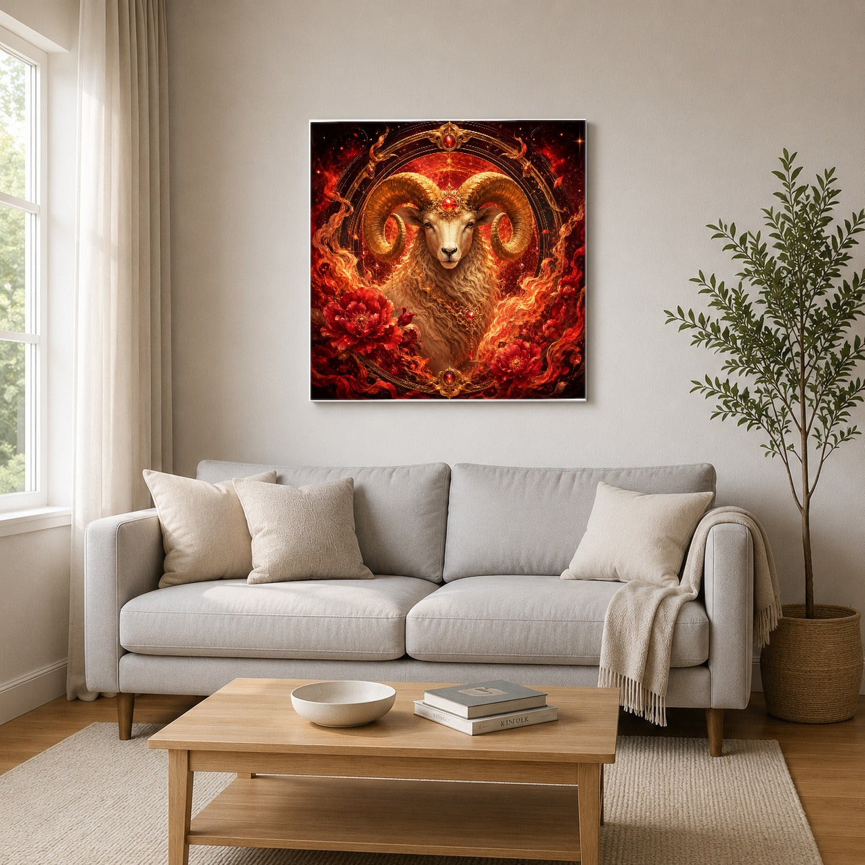 #pl[17x17 Inch|Multicolor] Aries Ram Square Canvas Wall Art, Fiery Zodiac Celestial Decor