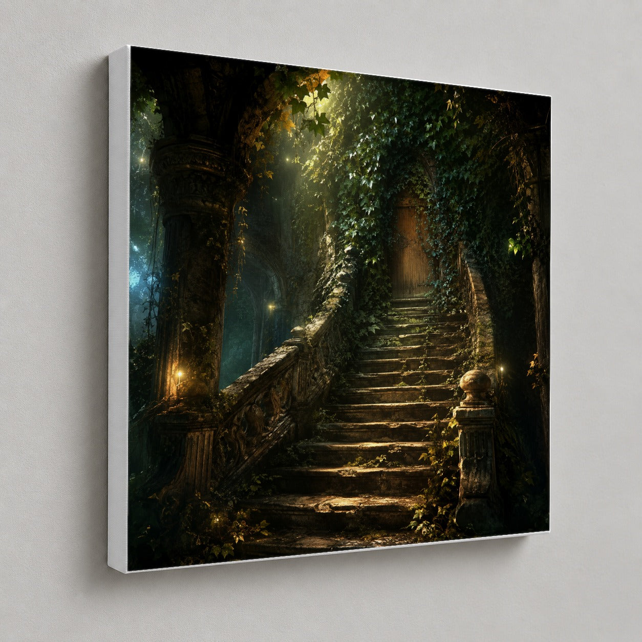 #pl[17x17 Inch|Multicolor] Ivy Hidden Staircase Square Canvas Wall Art, Mystic Garden Door Decor