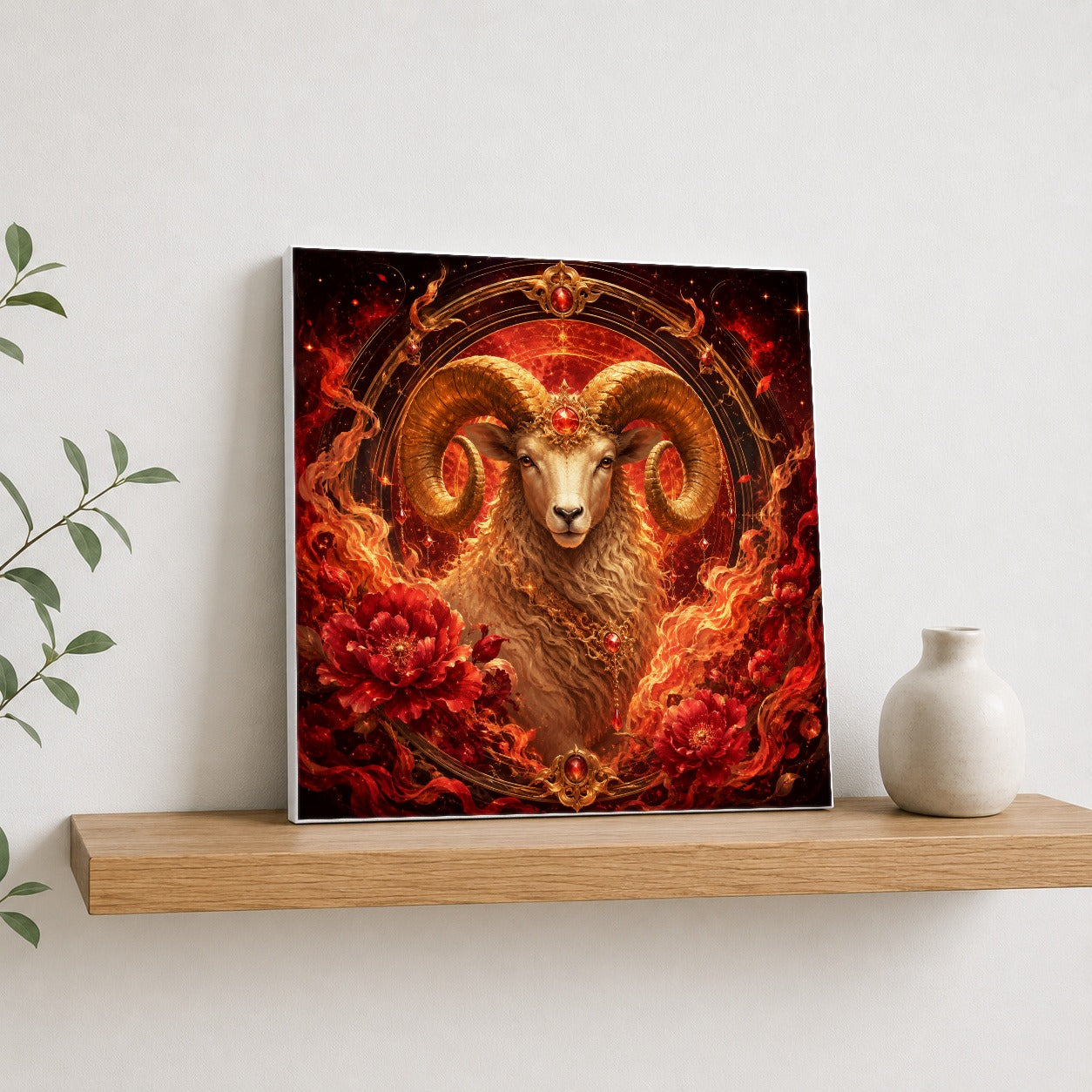 #pl[17x17 Inch|Multicolor] Aries Ram Square Canvas Wall Art, Fiery Zodiac Celestial Decor
