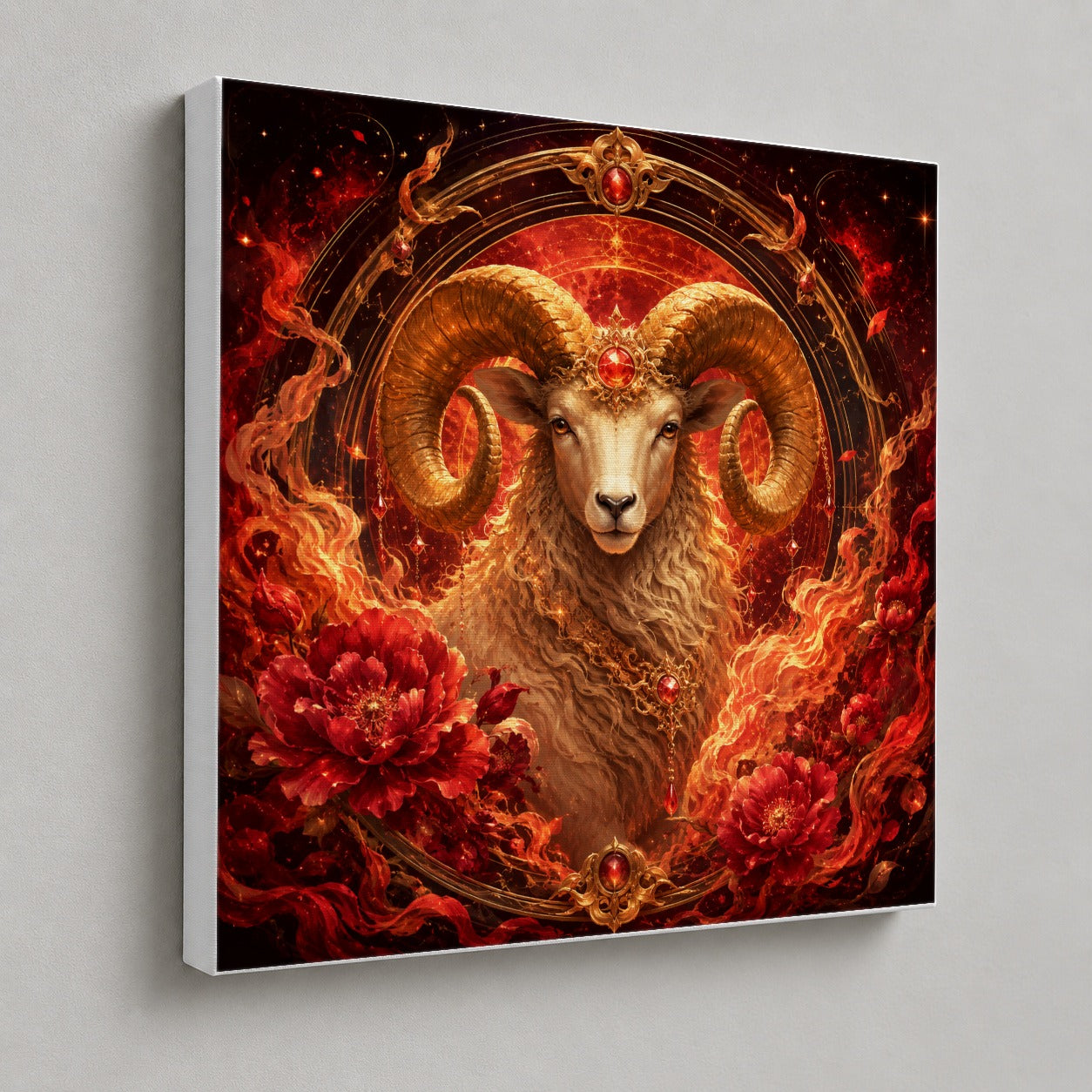 #pl[17x17 Inch|Multicolor] Aries Ram Square Canvas Wall Art, Fiery Zodiac Celestial Decor