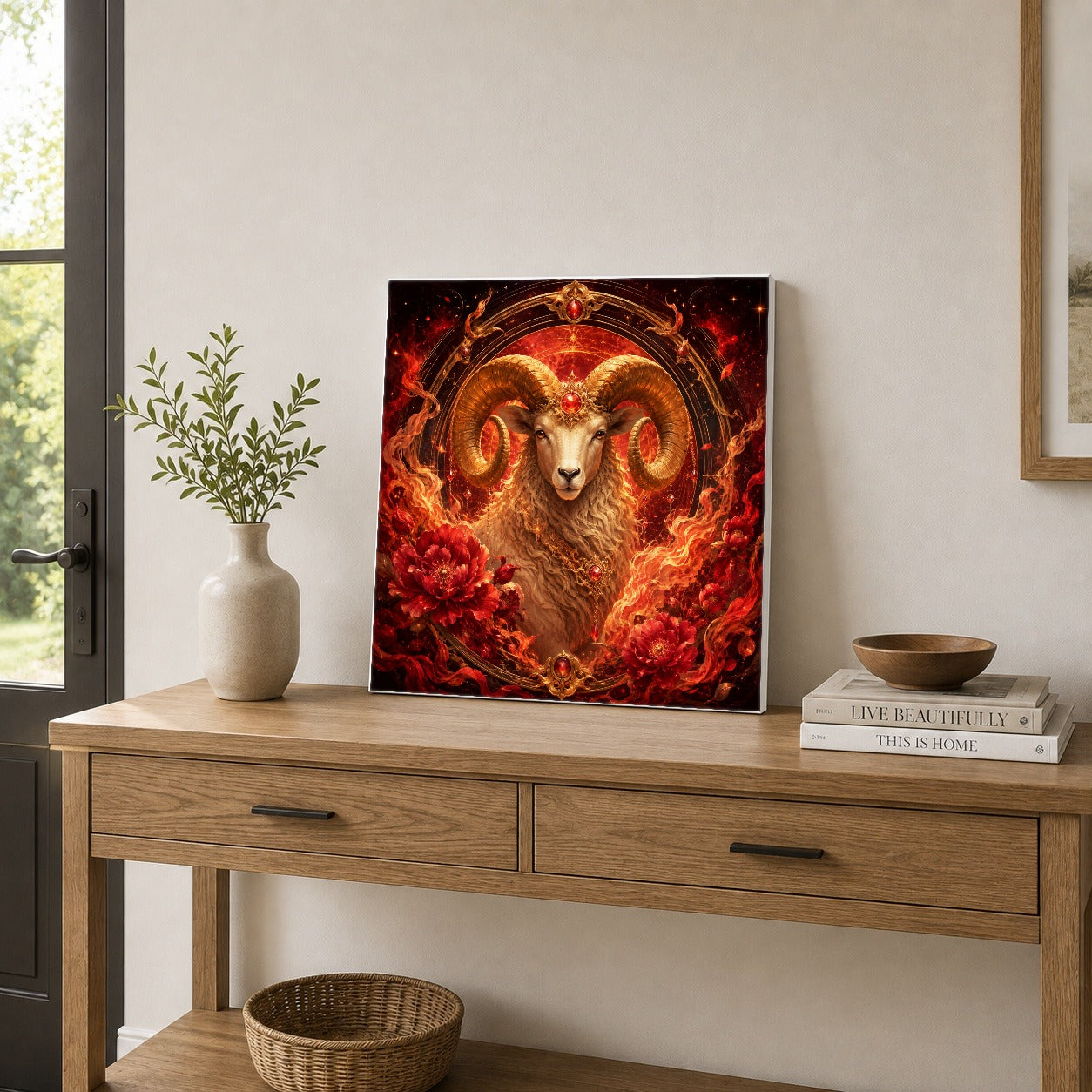 #pl[17x17 Inch|Multicolor] Aries Ram Square Canvas Wall Art, Fiery Zodiac Celestial Decor