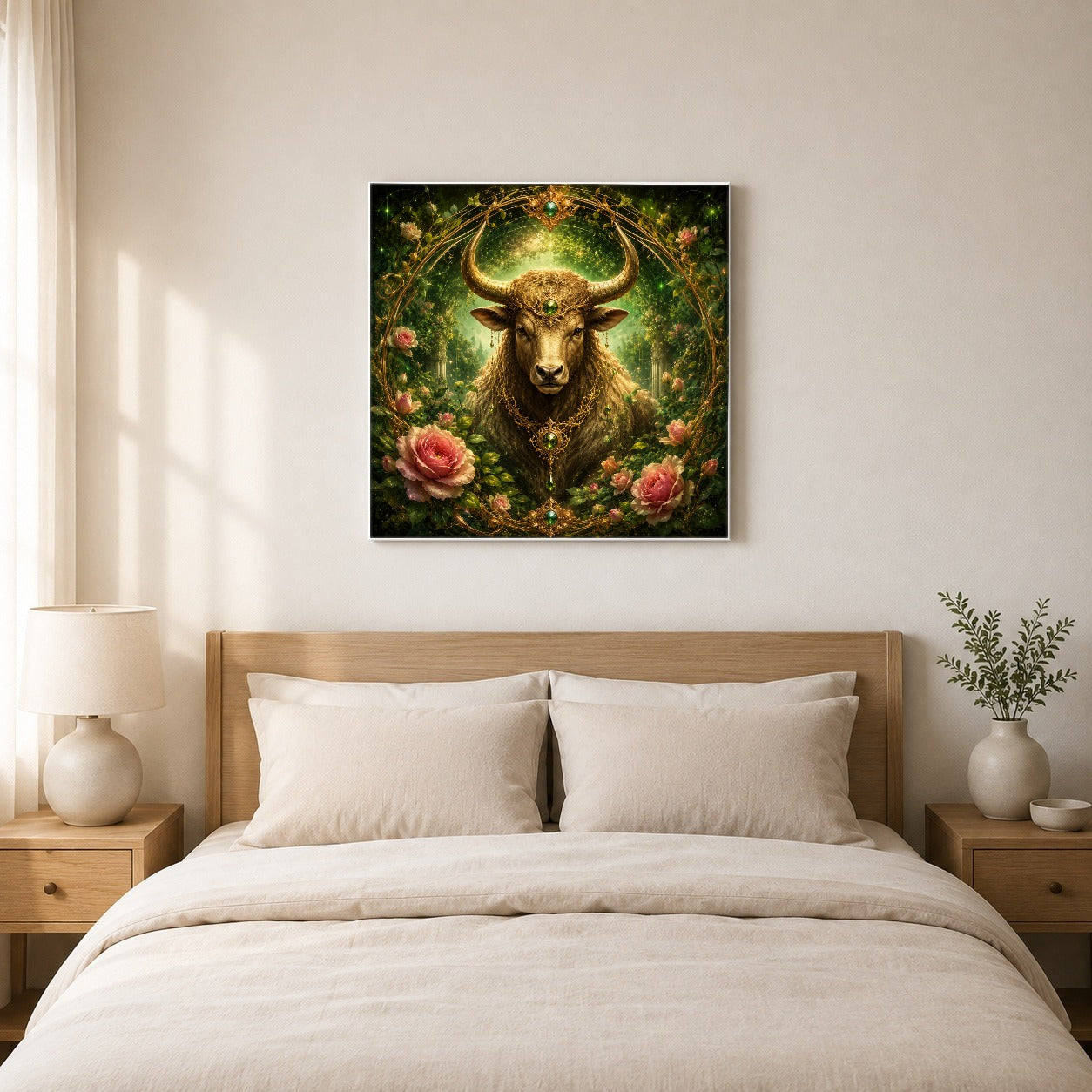 #pl[17x17 Inch|Multicolor] Taurus Bull Square Canvas Wall Art, Earth Zodiac Celestial Decor