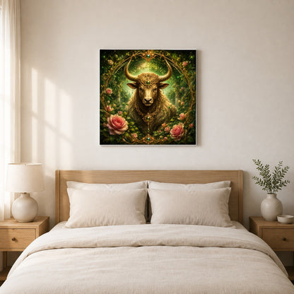 #pl[17x17 Inch|Multicolor] Taurus Bull Square Canvas Wall Art, Earth Zodiac Celestial Decor