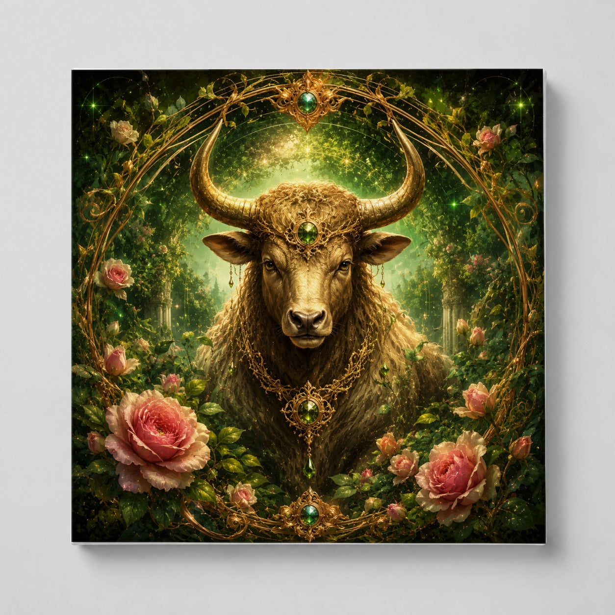 Taurus Bull Square Canvas Wall Art, Earth Zodiac Celestial Decor