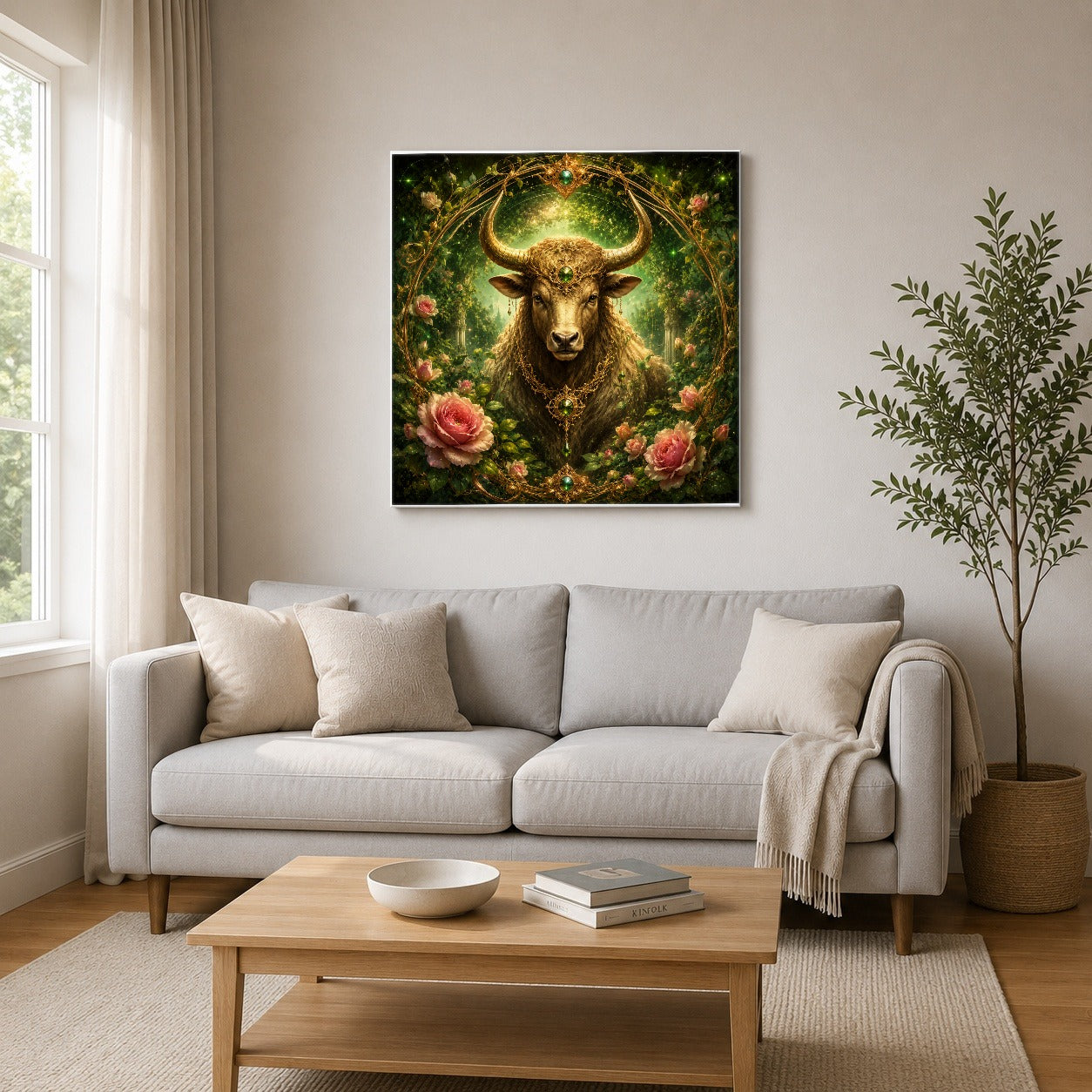#pl[17x17 Inch|Multicolor] Taurus Bull Square Canvas Wall Art, Earth Zodiac Celestial Decor