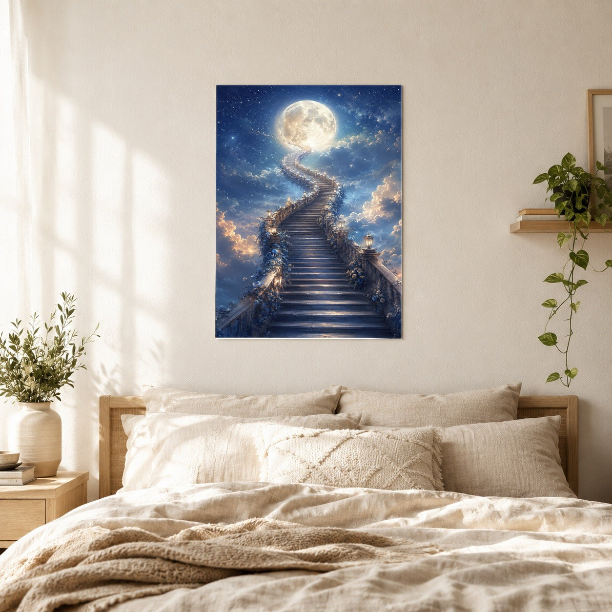 #pl[8x10 Inch|Multicolor] Moon Stairway Poster, Celestial Dreamscape Wall Art Print