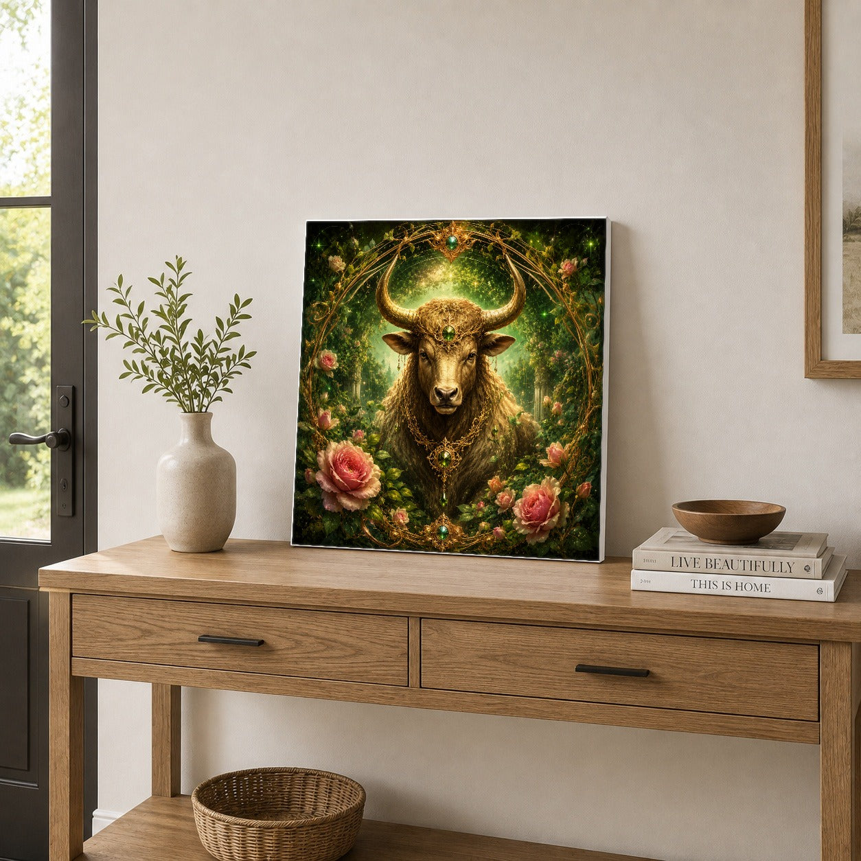 #pl[17x17 Inch|Multicolor] Taurus Bull Square Canvas Wall Art, Earth Zodiac Celestial Decor