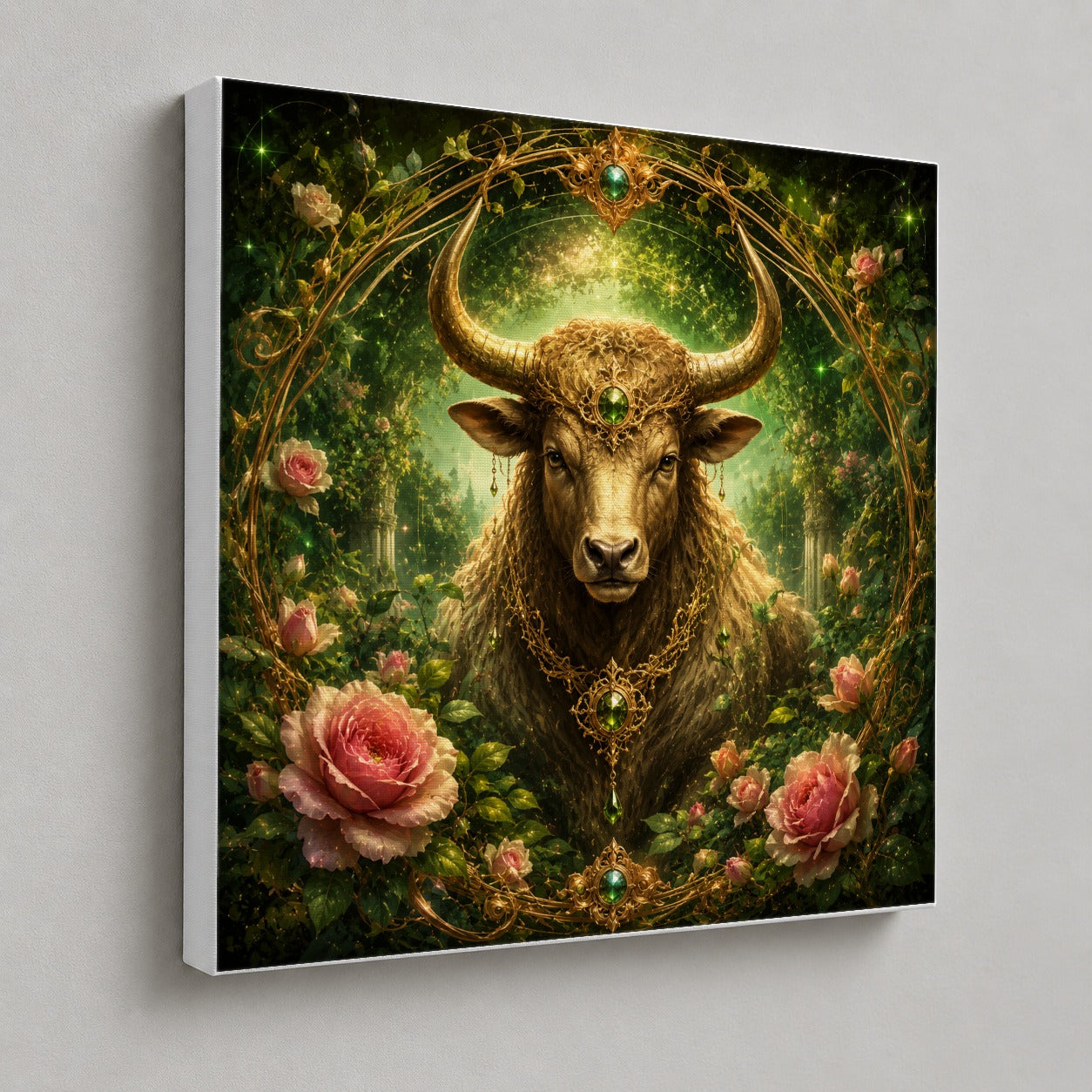 #pl[17x17 Inch|Multicolor] Taurus Bull Square Canvas Wall Art, Earth Zodiac Celestial Decor