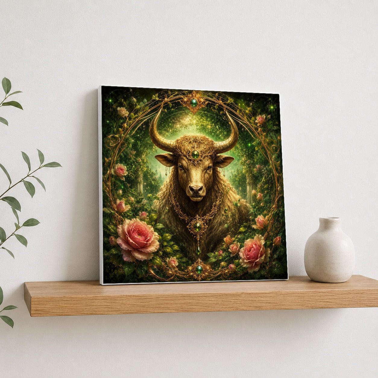 #pl[17x17 Inch|Multicolor] Taurus Bull Square Canvas Wall Art, Earth Zodiac Celestial Decor