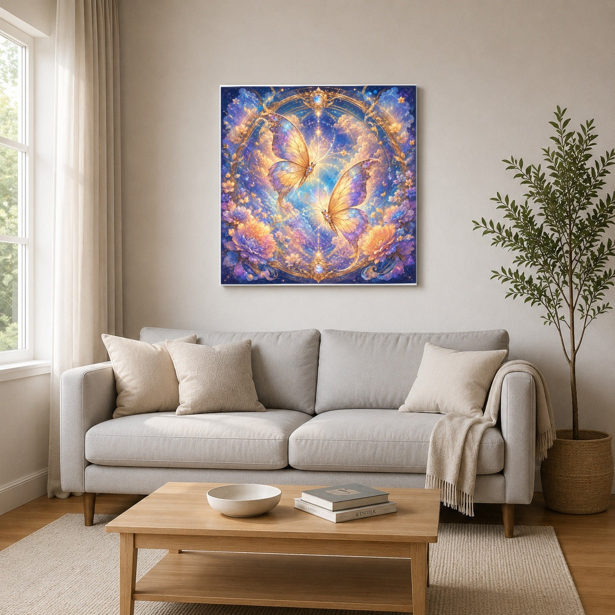 #pl[17x17 Inch|Multicolor] Celestial Butterflies Square Canvas Wall Art, Dreamy Butterfly Decor