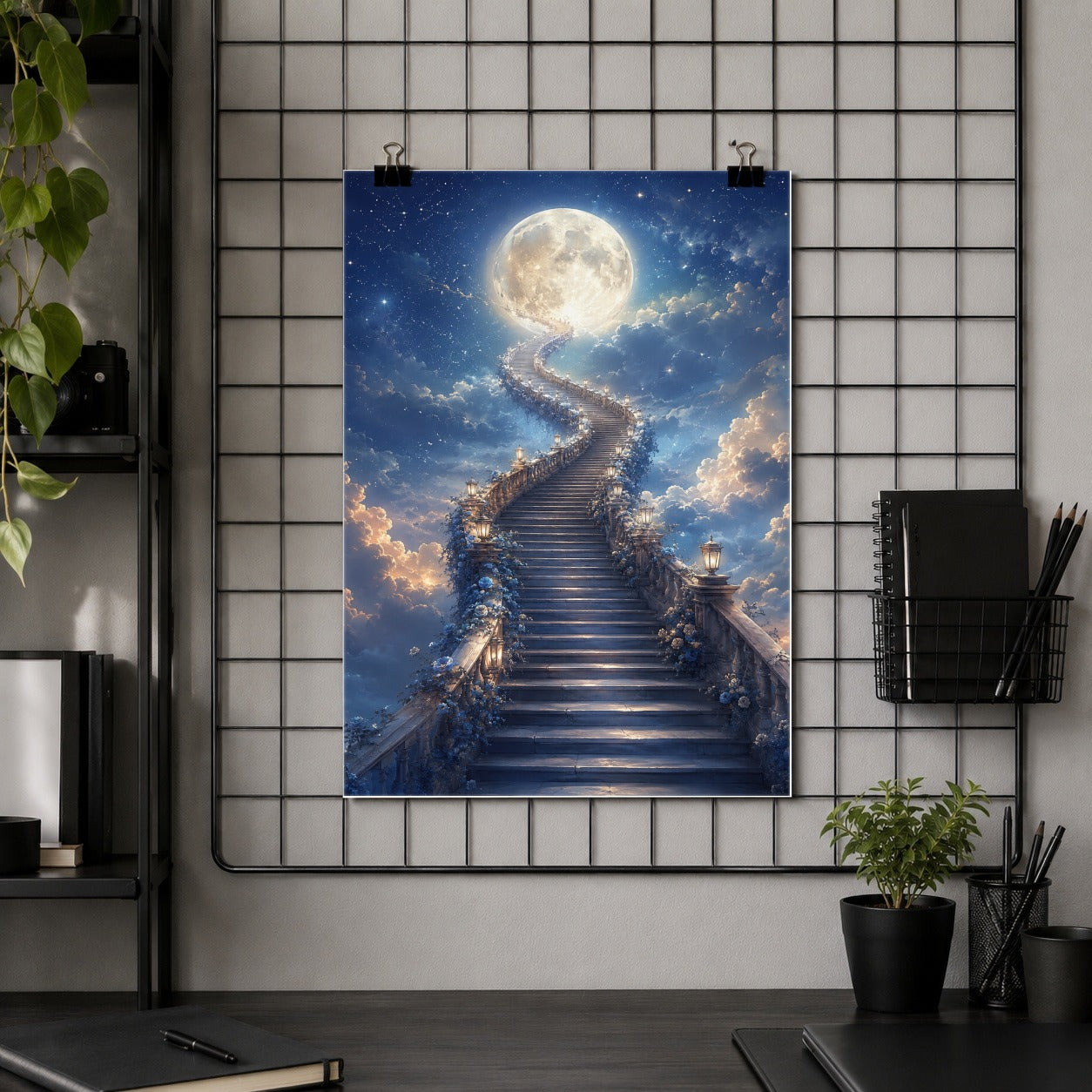 #pl[8x10 Inch|Multicolor] Moon Stairway Poster, Celestial Dreamscape Wall Art Print
