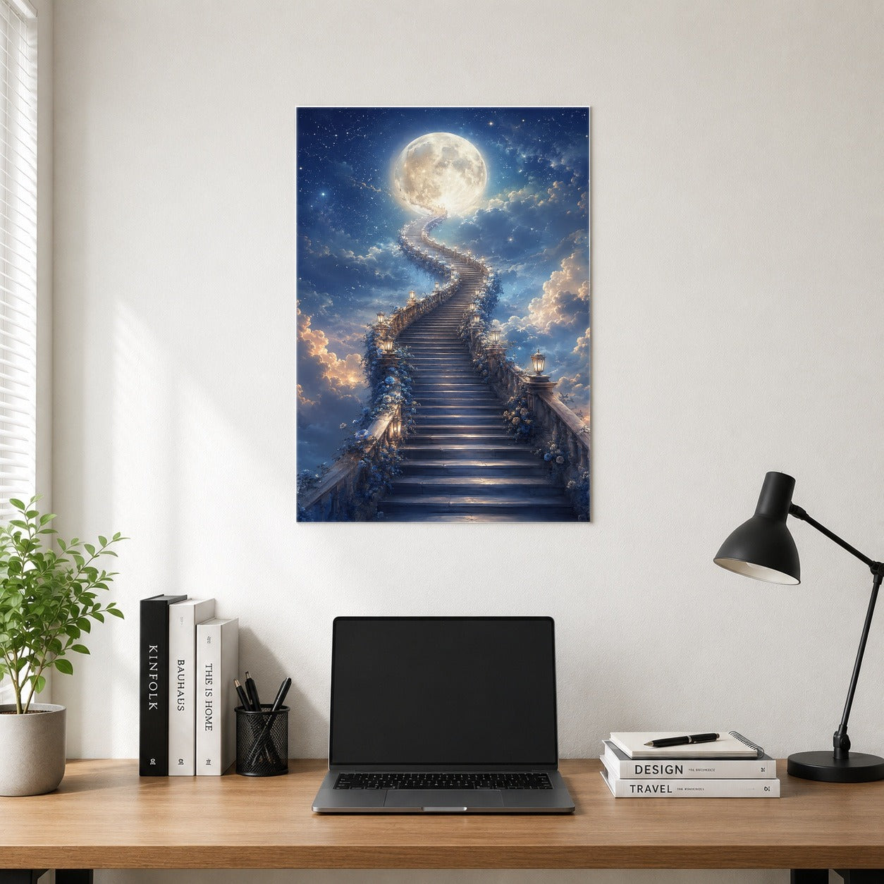 #pl[8x10 Inch|Multicolor] Moon Stairway Poster, Celestial Dreamscape Wall Art Print