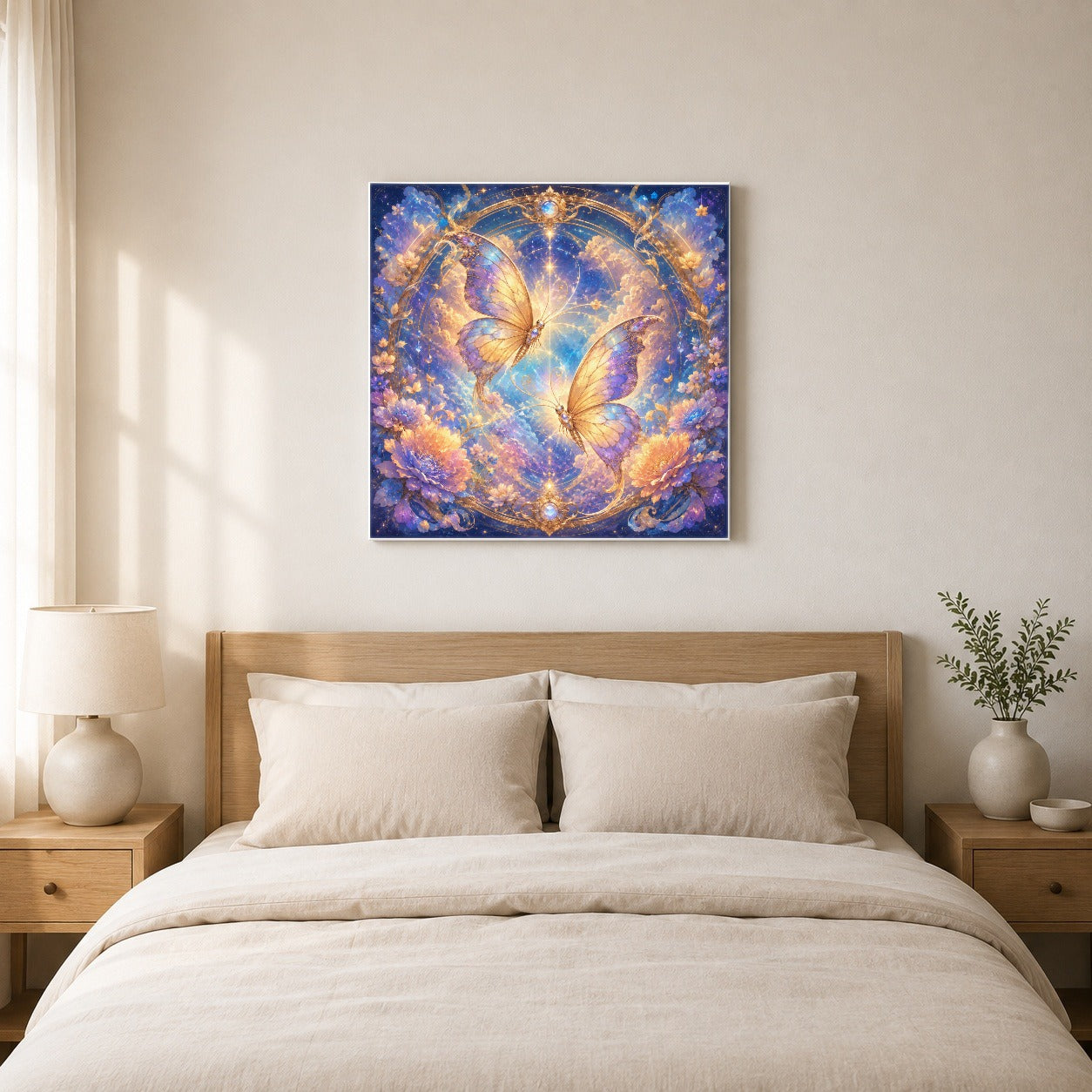 #pl[17x17 Inch|Multicolor] Celestial Butterflies Square Canvas Wall Art, Dreamy Butterfly Decor