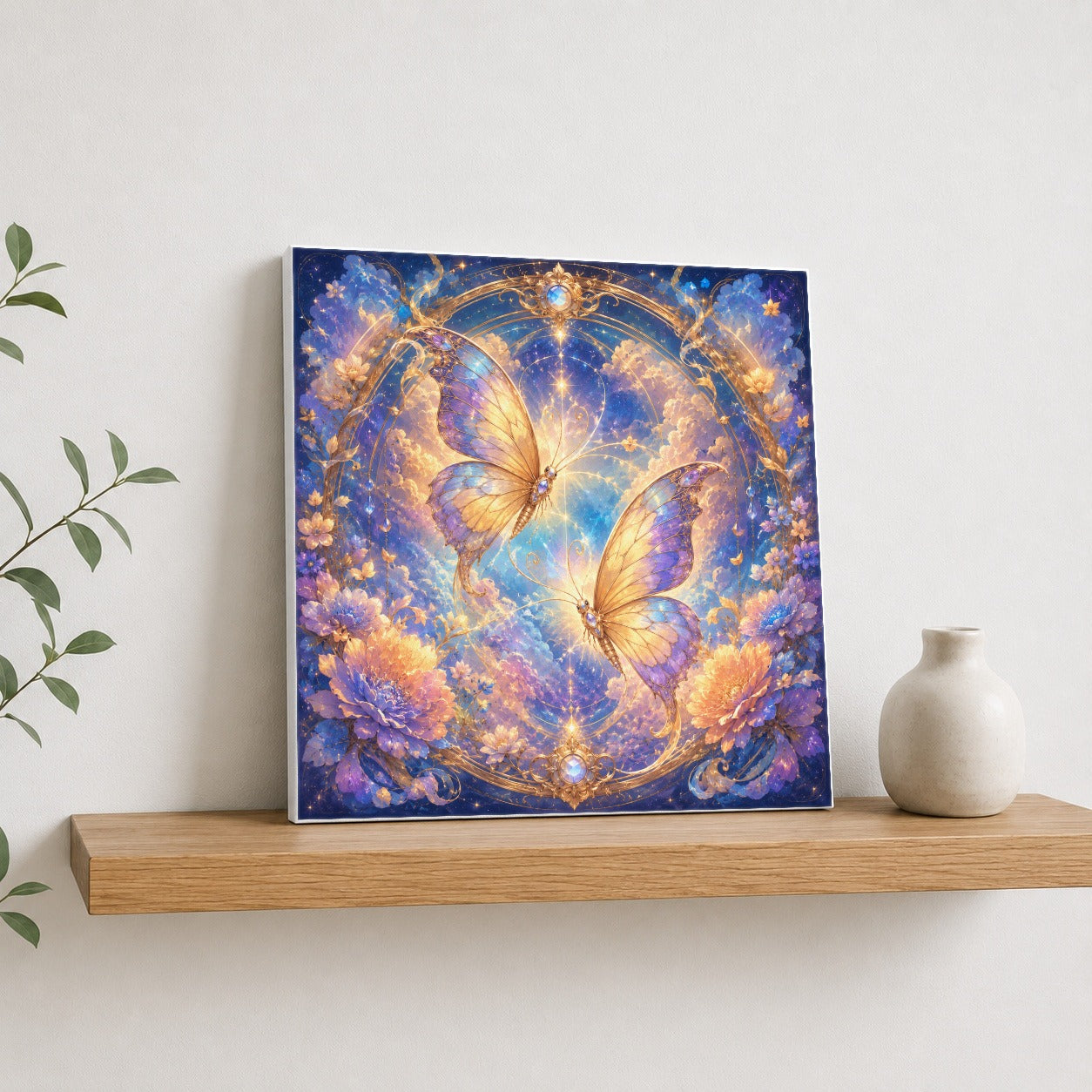 #pl[17x17 Inch|Multicolor] Celestial Butterflies Square Canvas Wall Art, Dreamy Butterfly Decor