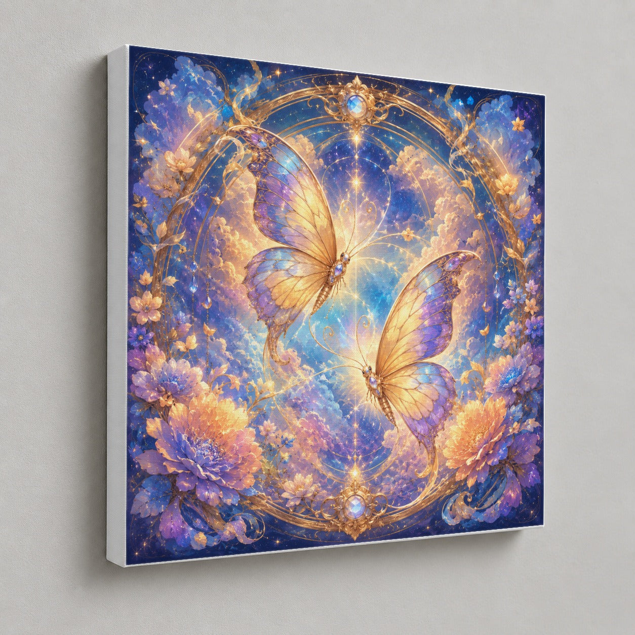 #pl[17x17 Inch|Multicolor] Celestial Butterflies Square Canvas Wall Art, Dreamy Butterfly Decor